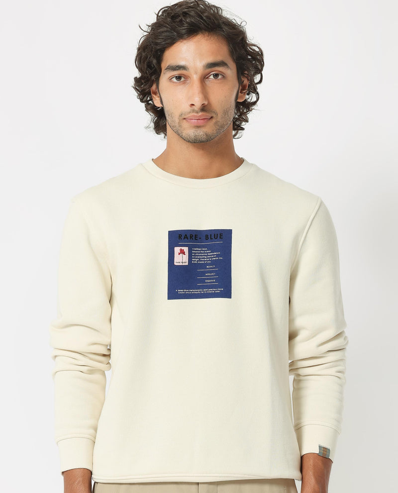 RARE RABBIT MENS RONG OFF WHITE SWEATSHIRT COTTON POLYESTER FABRIC ROUND NECK KNITTED FULL SLEEVES COMFORTABLE FIT