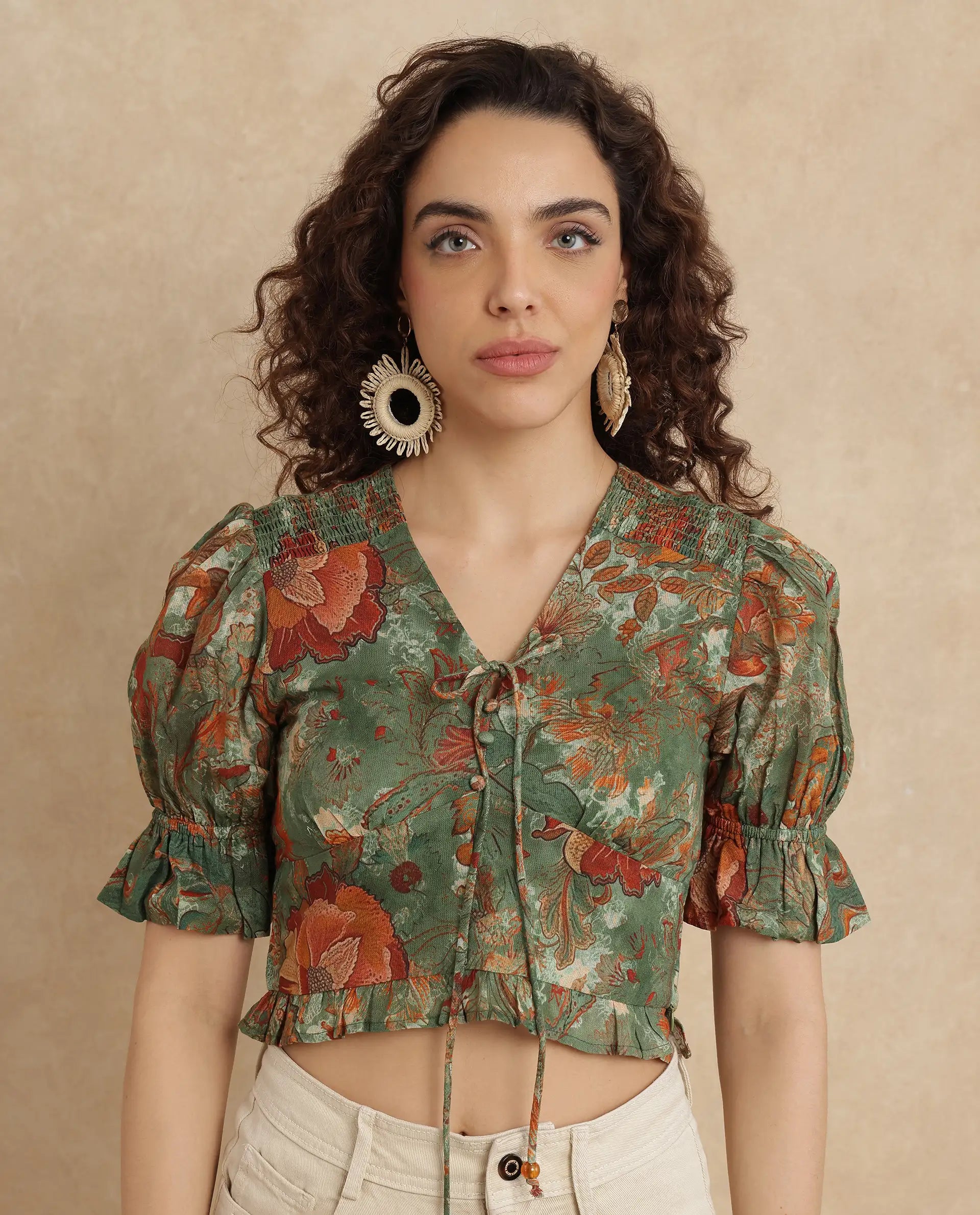 Rareism Women Ronia Green Cotton Fabric Ruffled Sleeve Band Collar Relaxed Fit Cropped Abstract Print Top