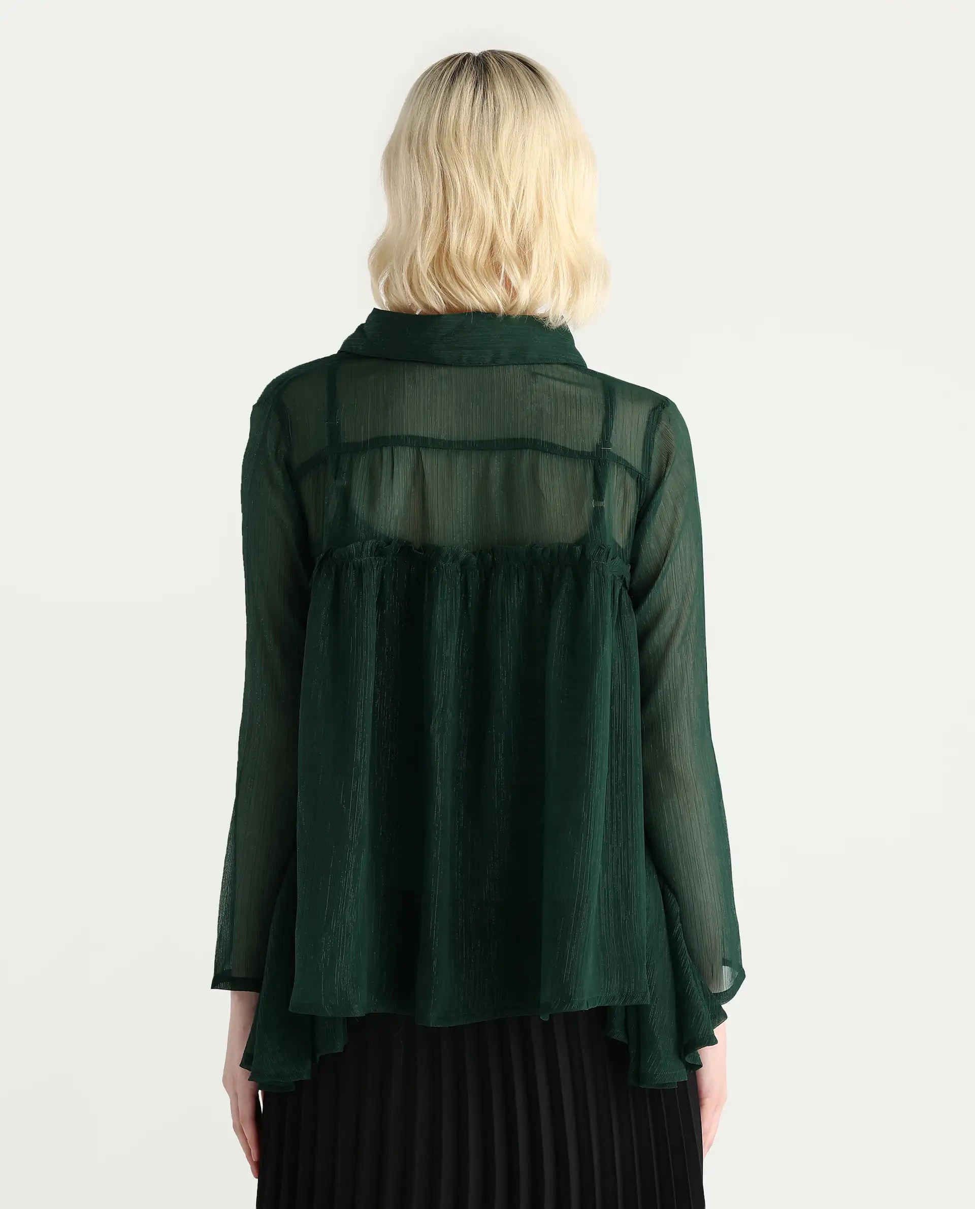 Rareism Women's Ronie Dark Green Polyester V-Neck Plain Puff Sleeves Regular Fit Top