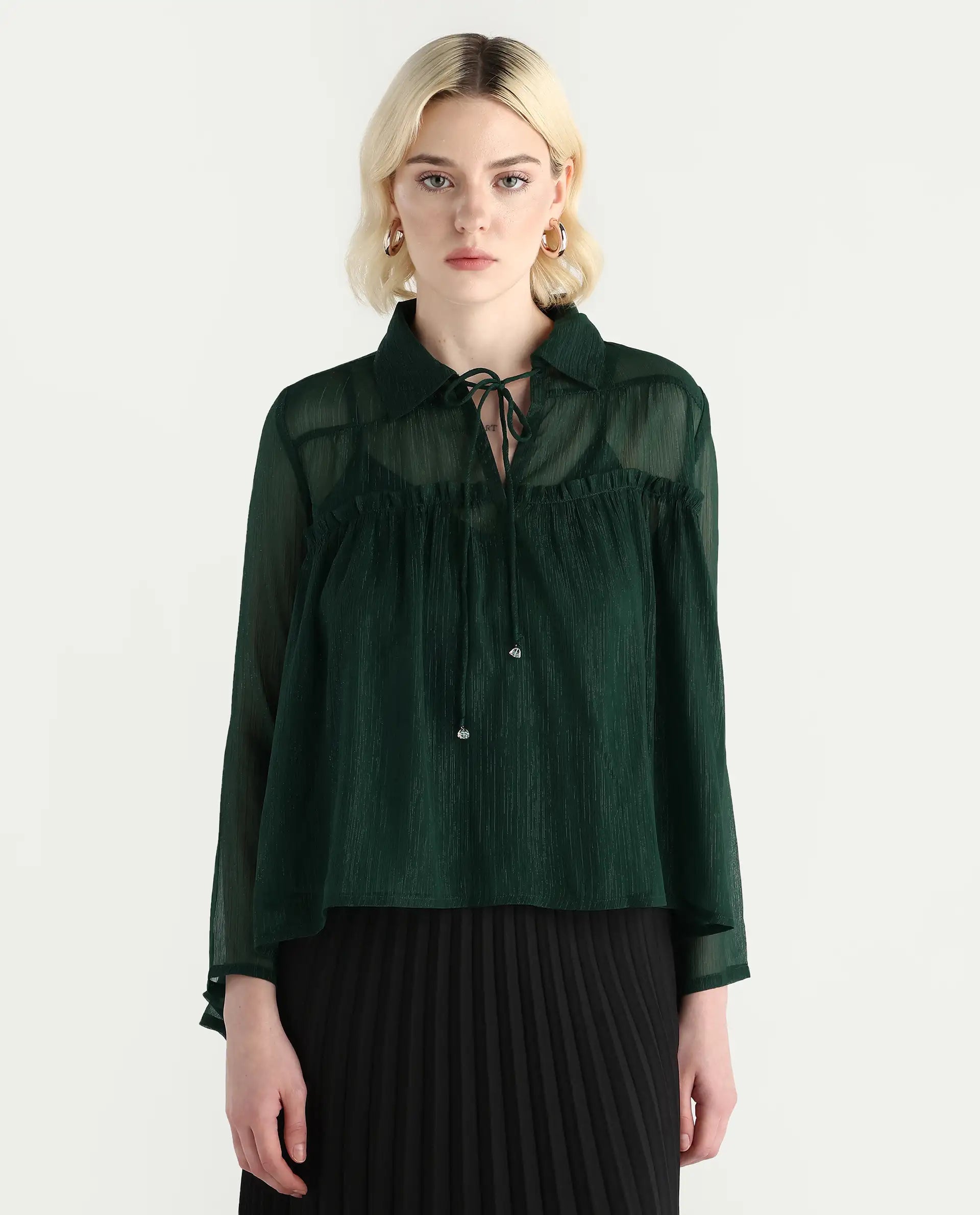 Rareism Women's Ronie Dark Green Polyester V-Neck Plain Puff Sleeves Regular Fit Top