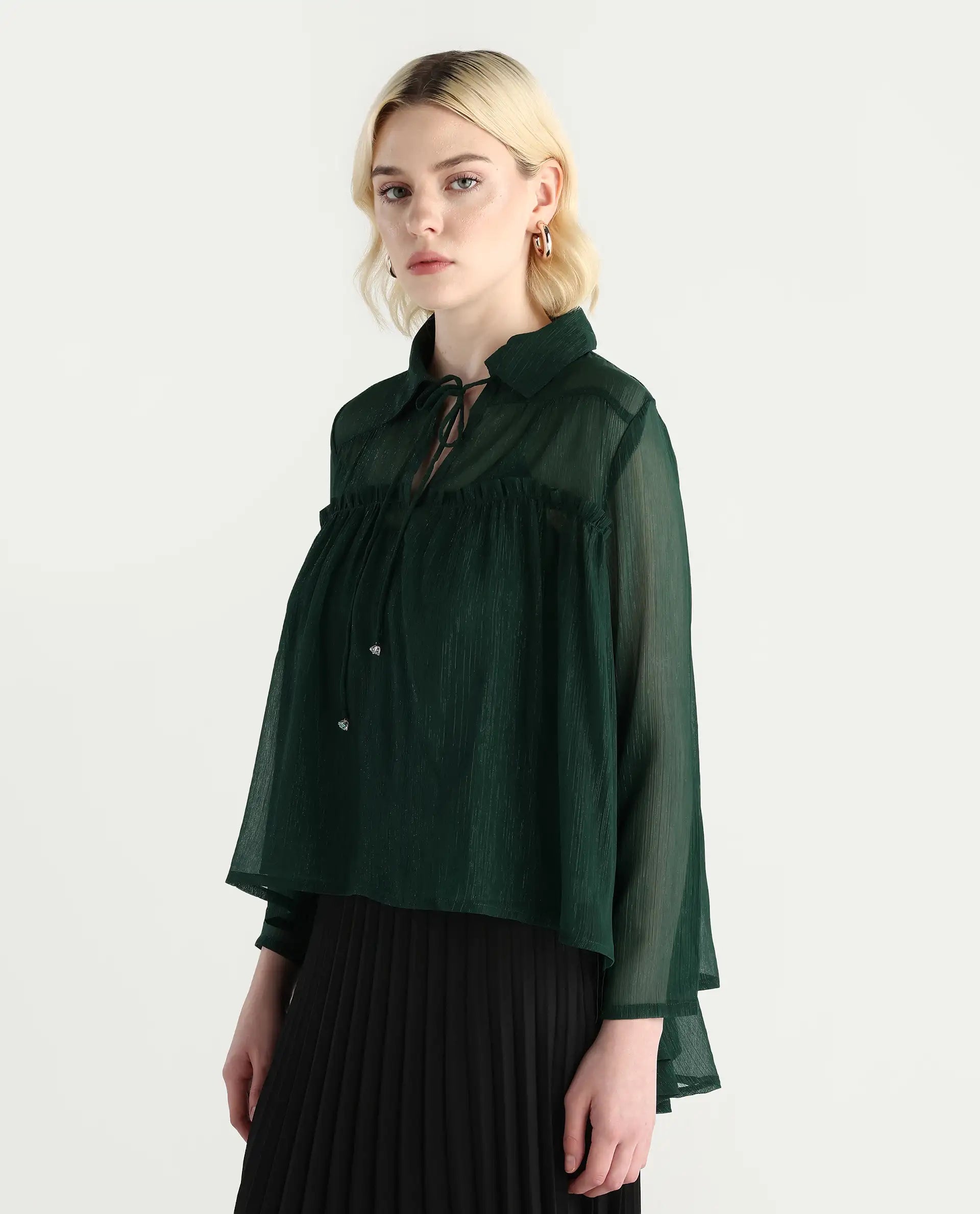 Rareism Women's Ronie Dark Green Polyester V-Neck Plain Puff Sleeves Regular Fit Top