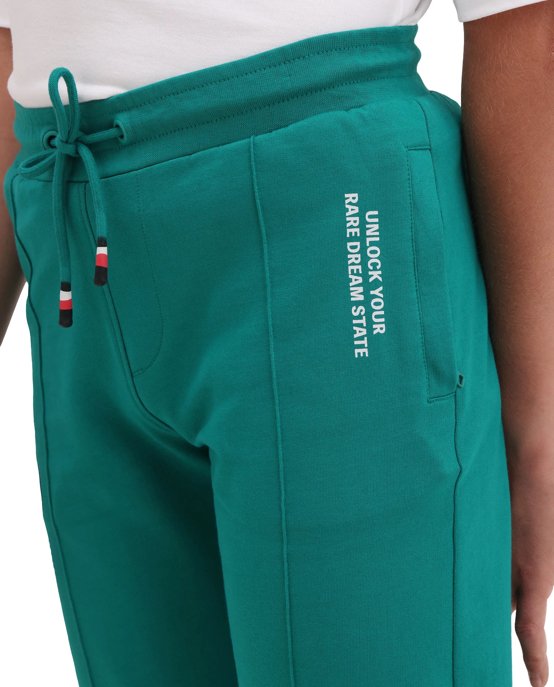 Rare Ones Kids Roni Green Cotton Fabric Drawstring Closure Hd Print Jogger Fit Track Pant