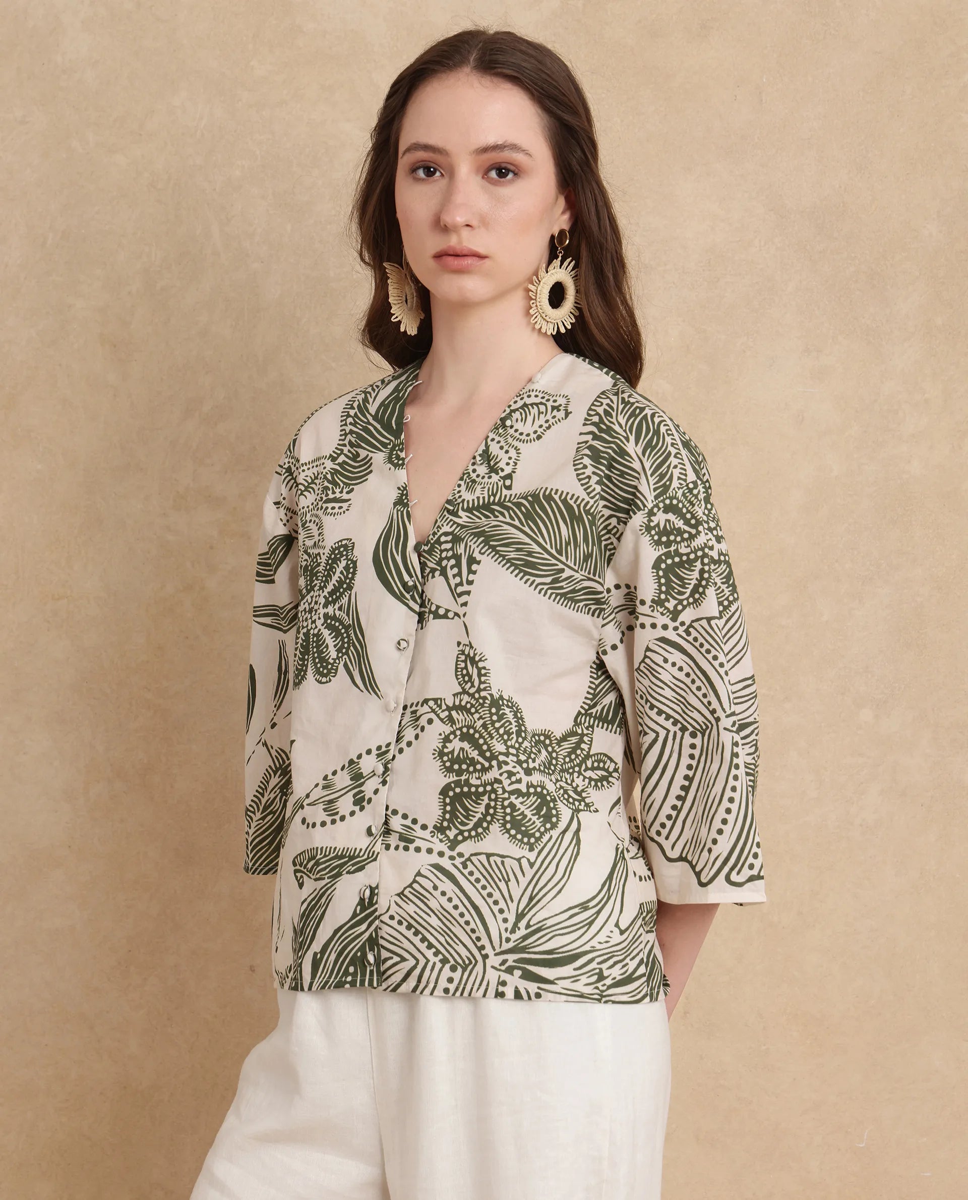 Rareism Women Ronil Beige Cotton Fabric Raglan Sleeve Band Collar Regular Fit Cropped Floral Print Top