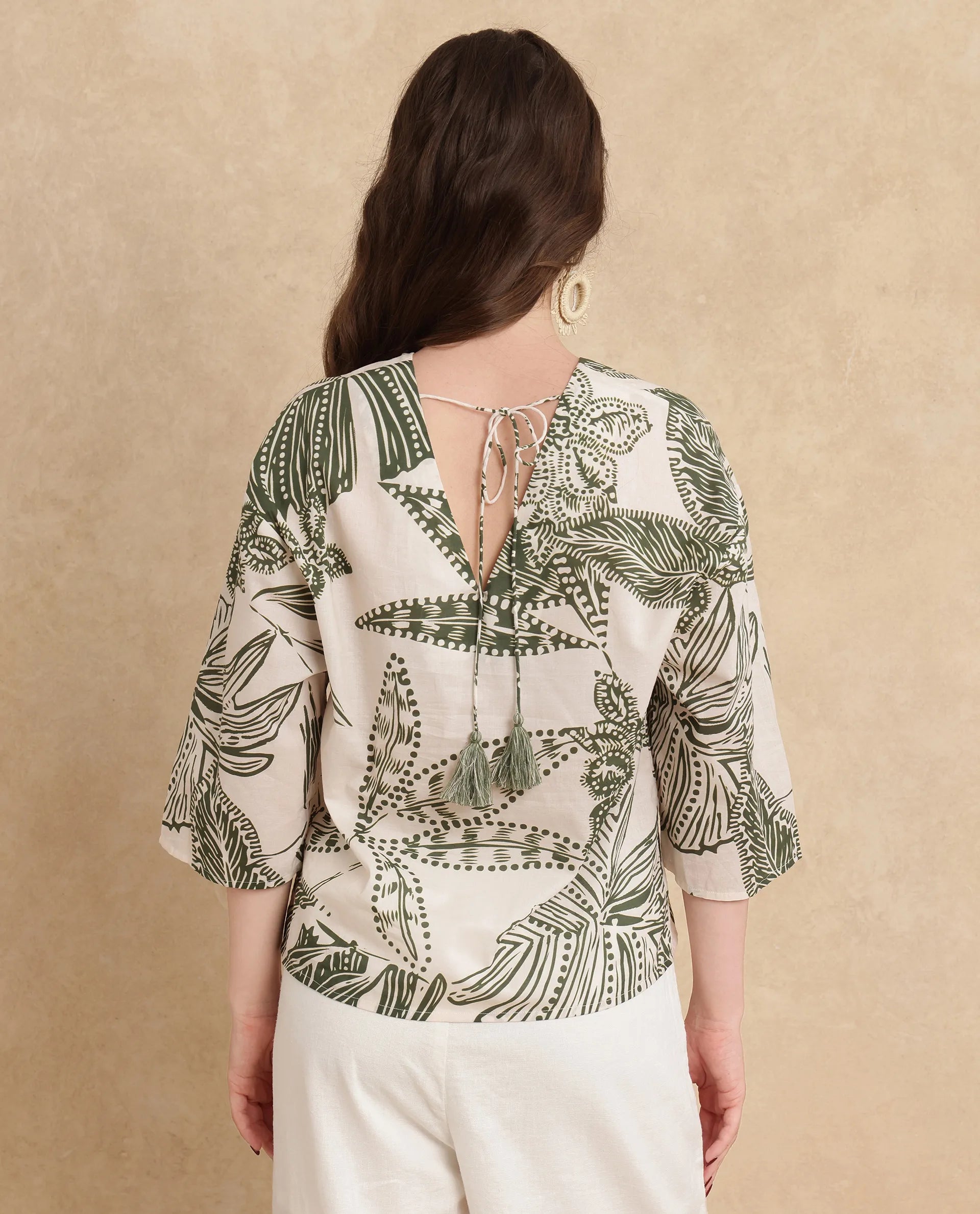 Rareism Women Ronil Beige Cotton Fabric Raglan Sleeve Band Collar Regular Fit Cropped Floral Print Top