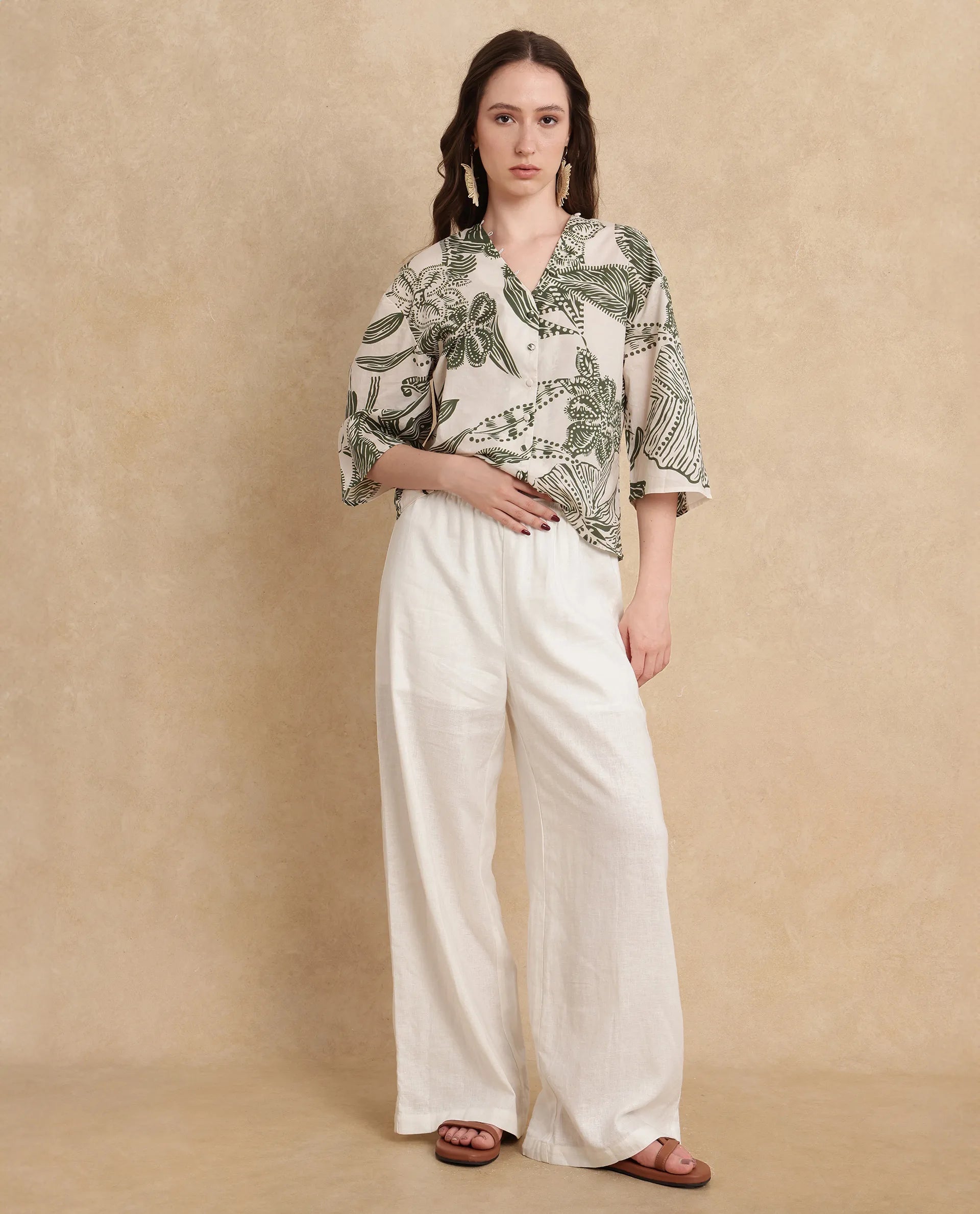 Rareism Women Ronil Beige Cotton Fabric Raglan Sleeve Band Collar Regular Fit Cropped Floral Print Top