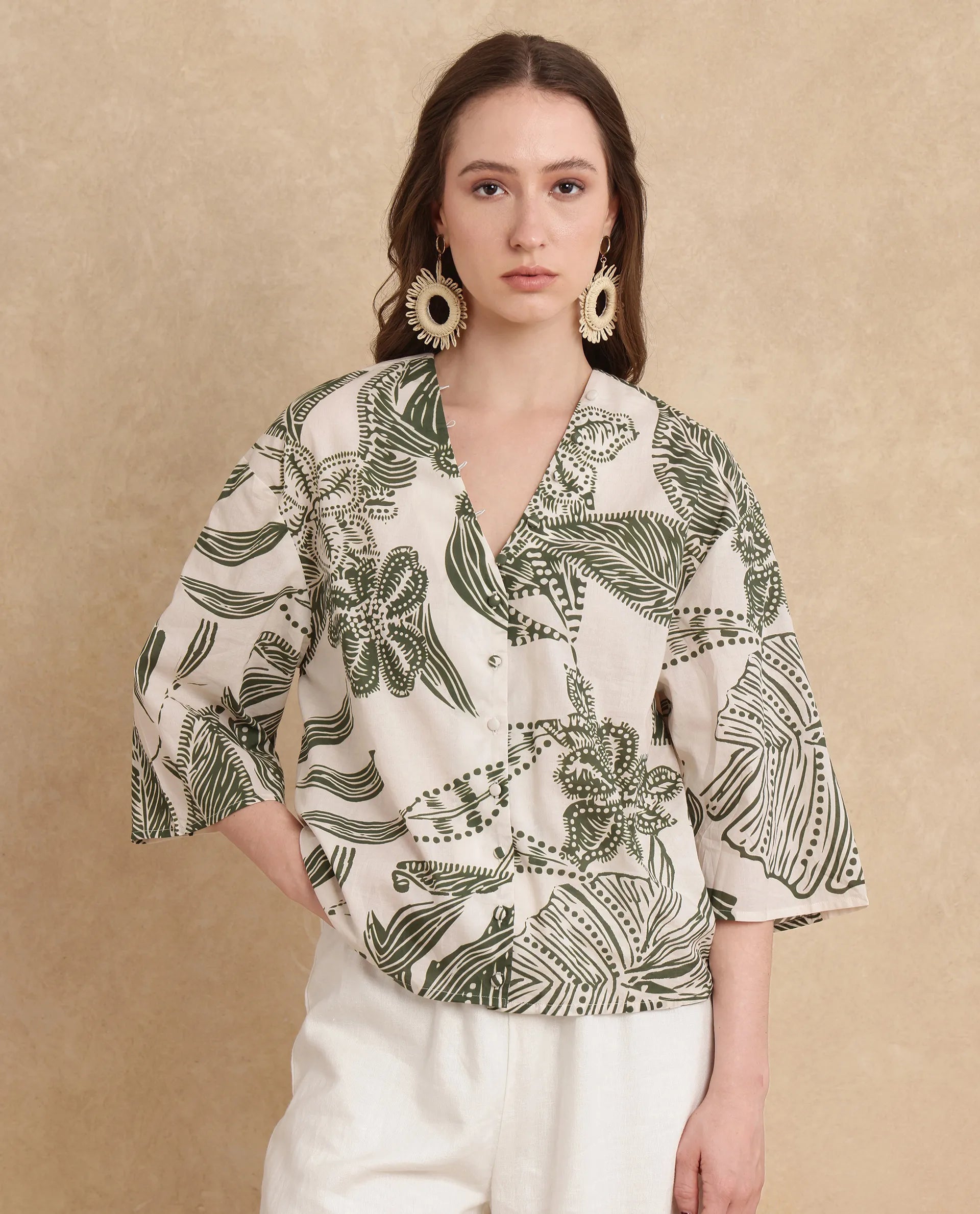 Rareism Women Ronil Beige Cotton Fabric Raglan Sleeve Band Collar Regular Fit Cropped Floral Print Top