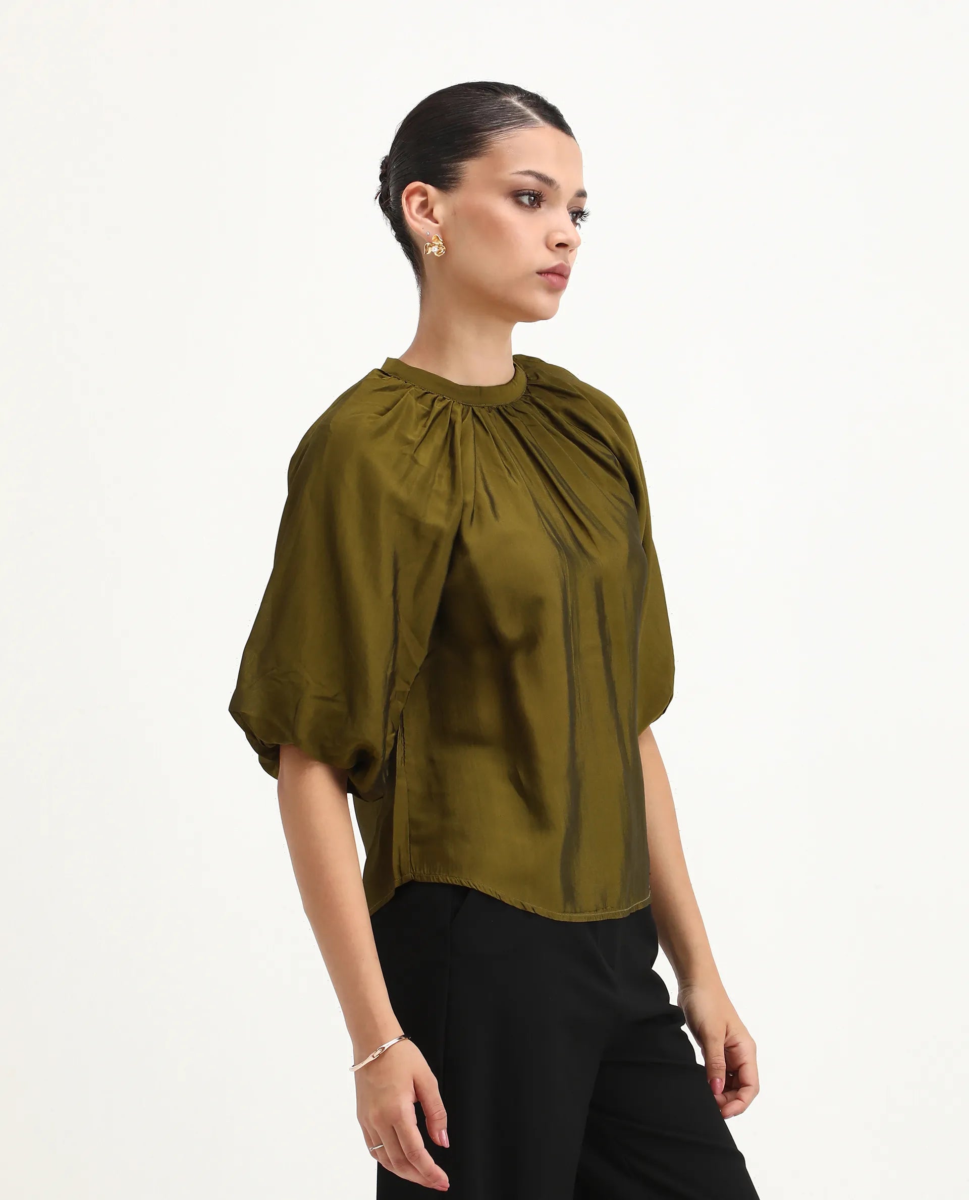 Rareism Women's Roniu Brown Polyester V-Neck Plain Kimono Sleeve Crop Regular Fit Top