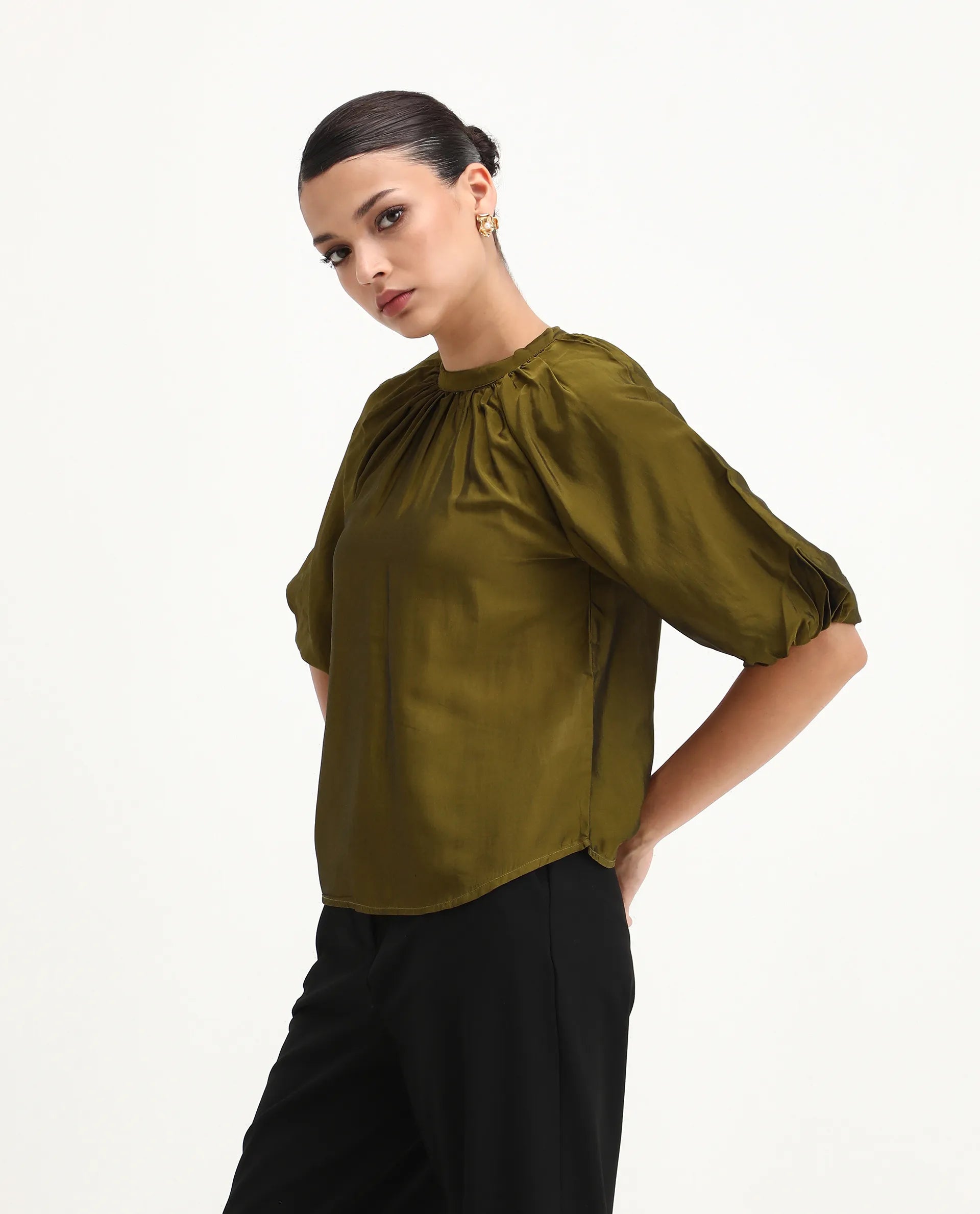 Rareism Women's Roniu Brown Polyester V-Neck Plain Kimono Sleeve Crop Regular Fit Top