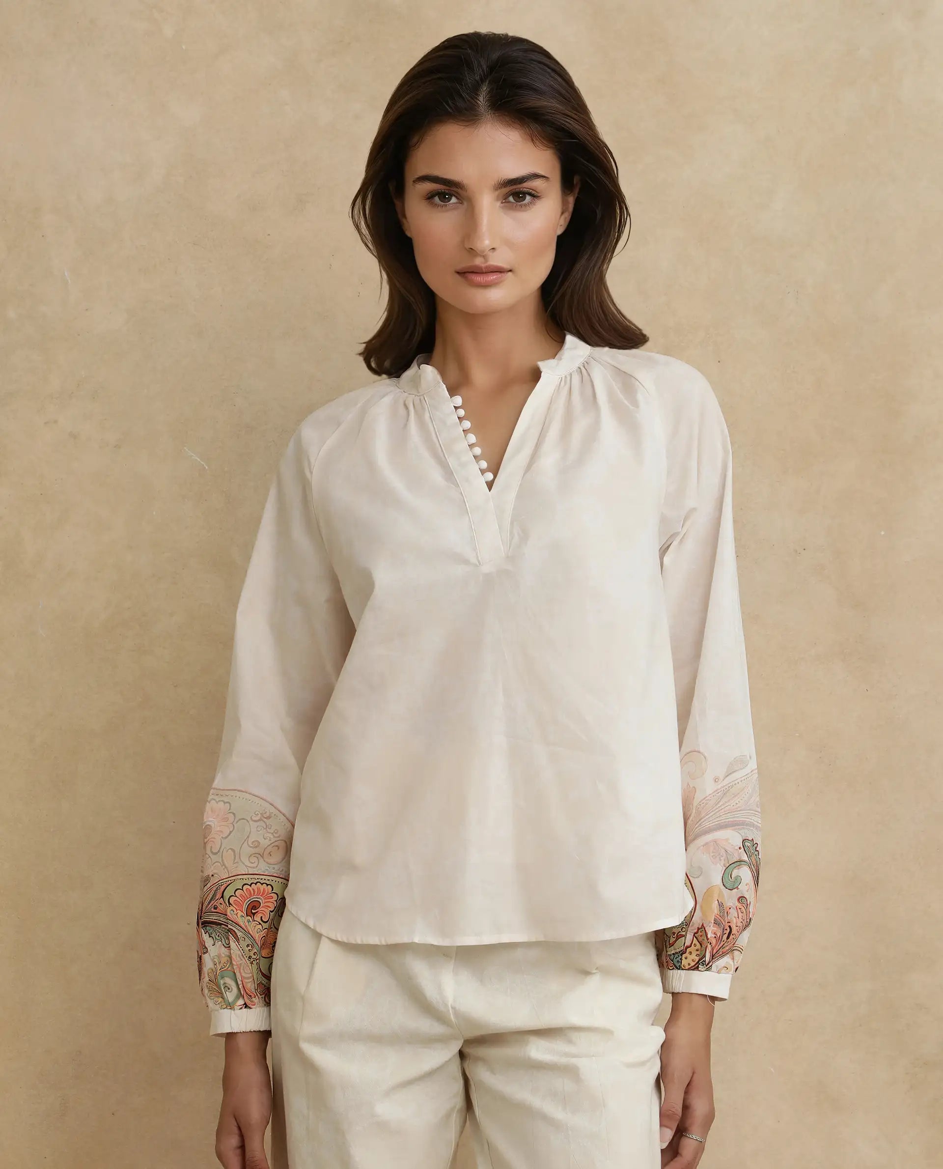 Rareism Women Roniv-T Beige Cotton Fabric Regular Sleeve V-Neck Regular Fit Paisley Print Top