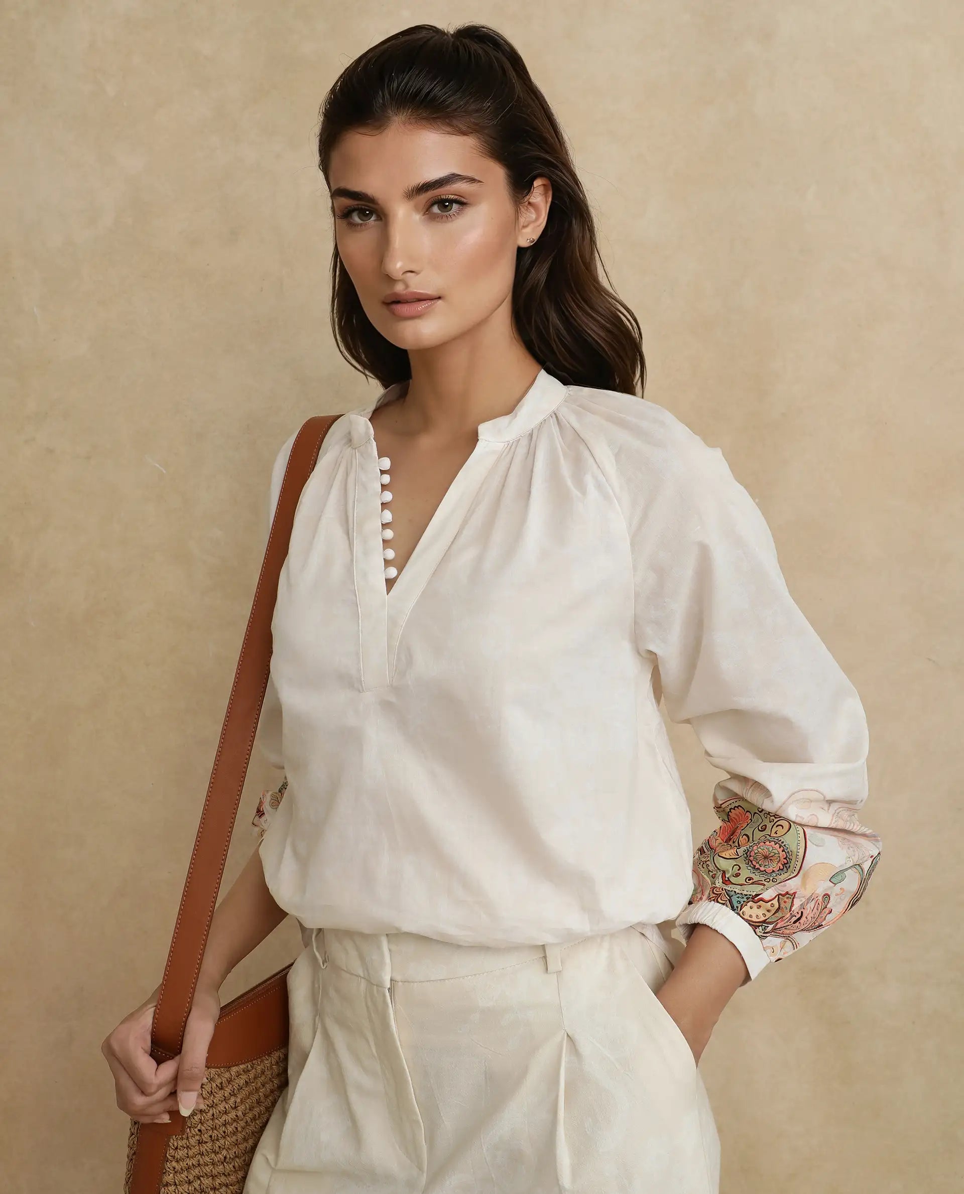 Rareism Women Roniv-T Beige Cotton Fabric Regular Sleeve V-Neck Regular Fit Paisley Print Top