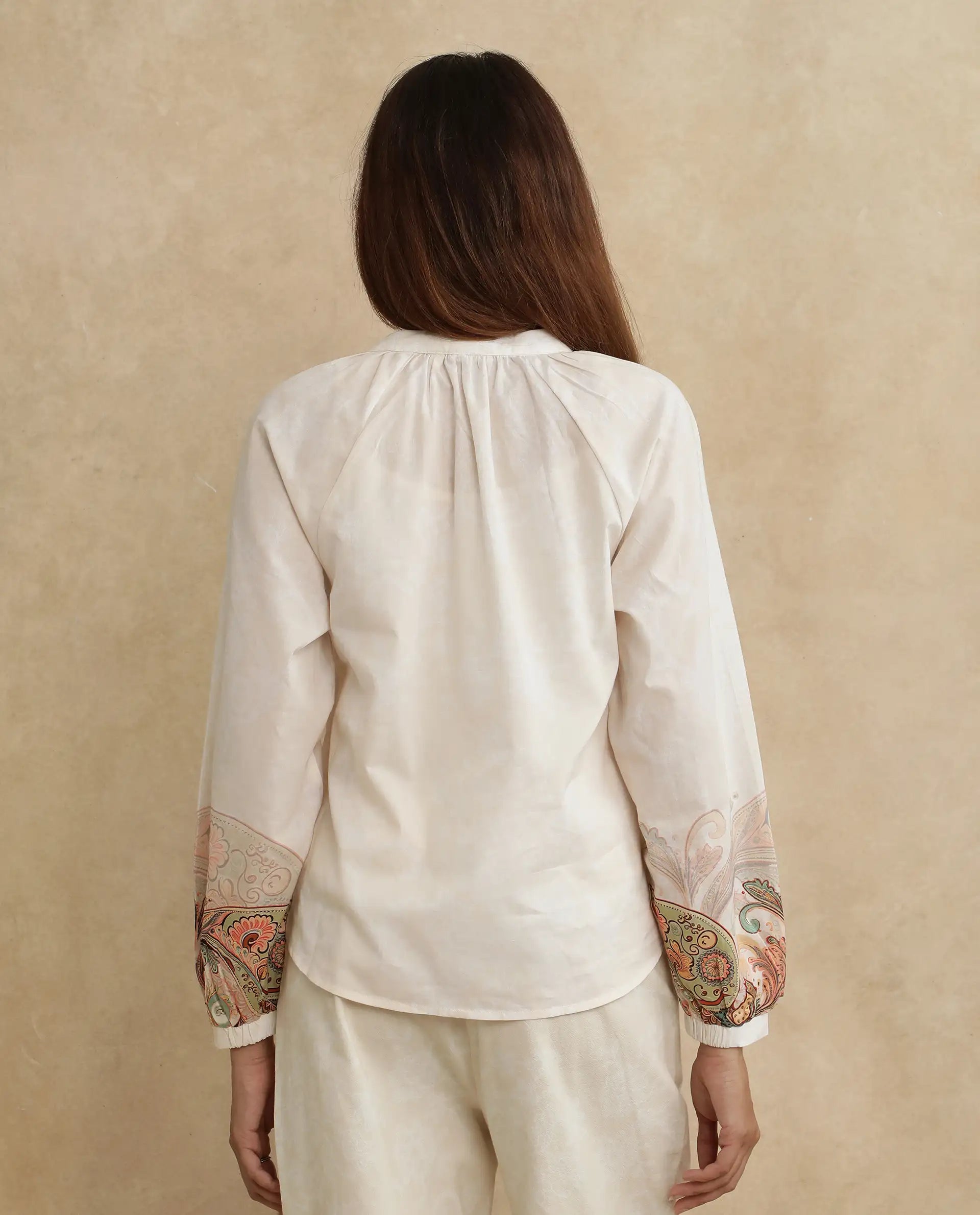 Rareism Women Roniv-T Beige Cotton Fabric Regular Sleeve V-Neck Regular Fit Paisley Print Top