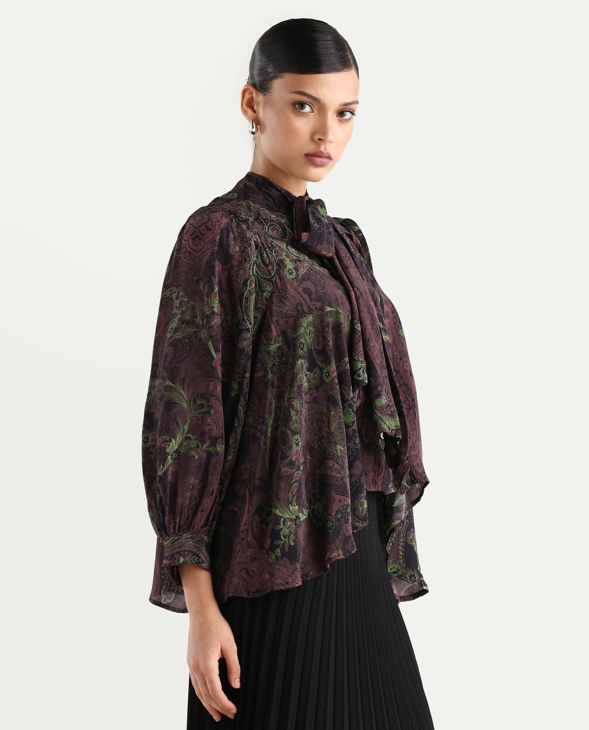 Rareism Women's Ronix Multi Viscose Tie-Up Neck Paisley Print Bishop Sleeve Relaxed Fit Top