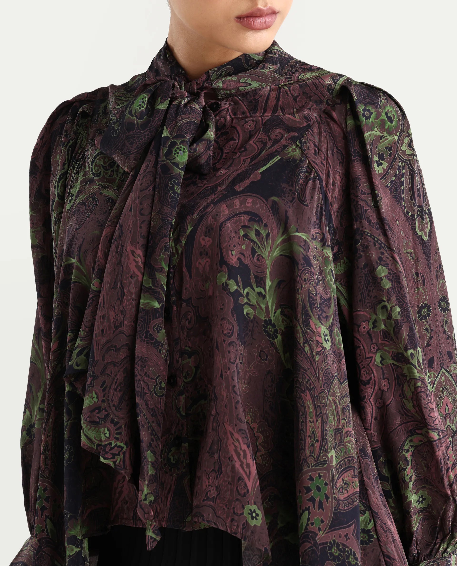 Rareism Women's Ronix Multi Viscose Tie-Up Neck Paisley Print Bishop Sleeve Relaxed Fit Top