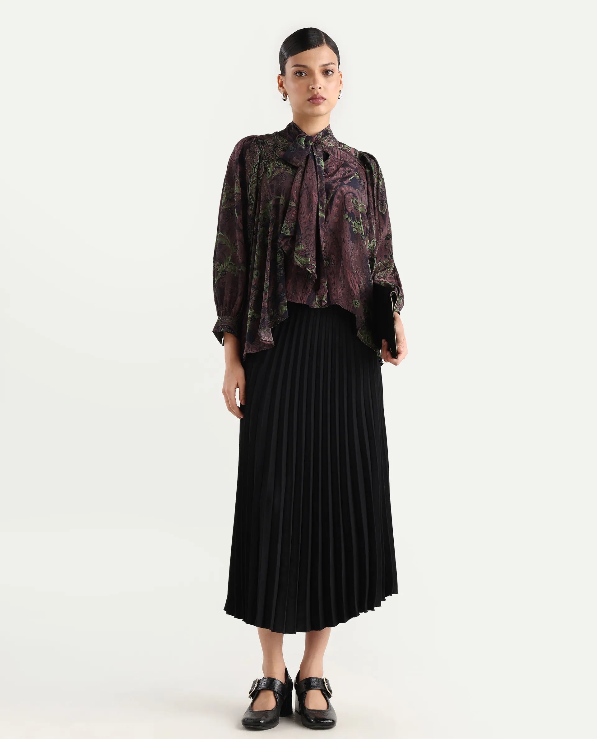 Rareism Women's Ronix Multi Viscose Tie-Up Neck Paisley Print Bishop Sleeve Relaxed Fit Top