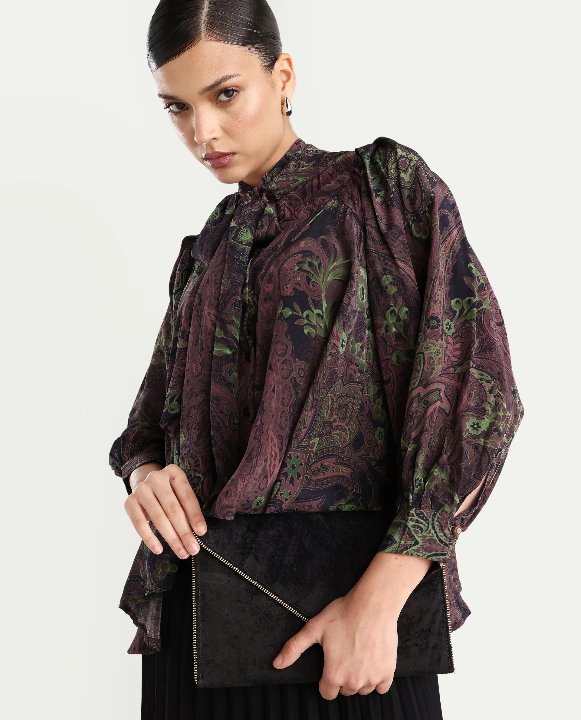 Rareism Women's Ronix Multi Viscose Tie-Up Neck Paisley Print Bishop Sleeve Relaxed Fit Top