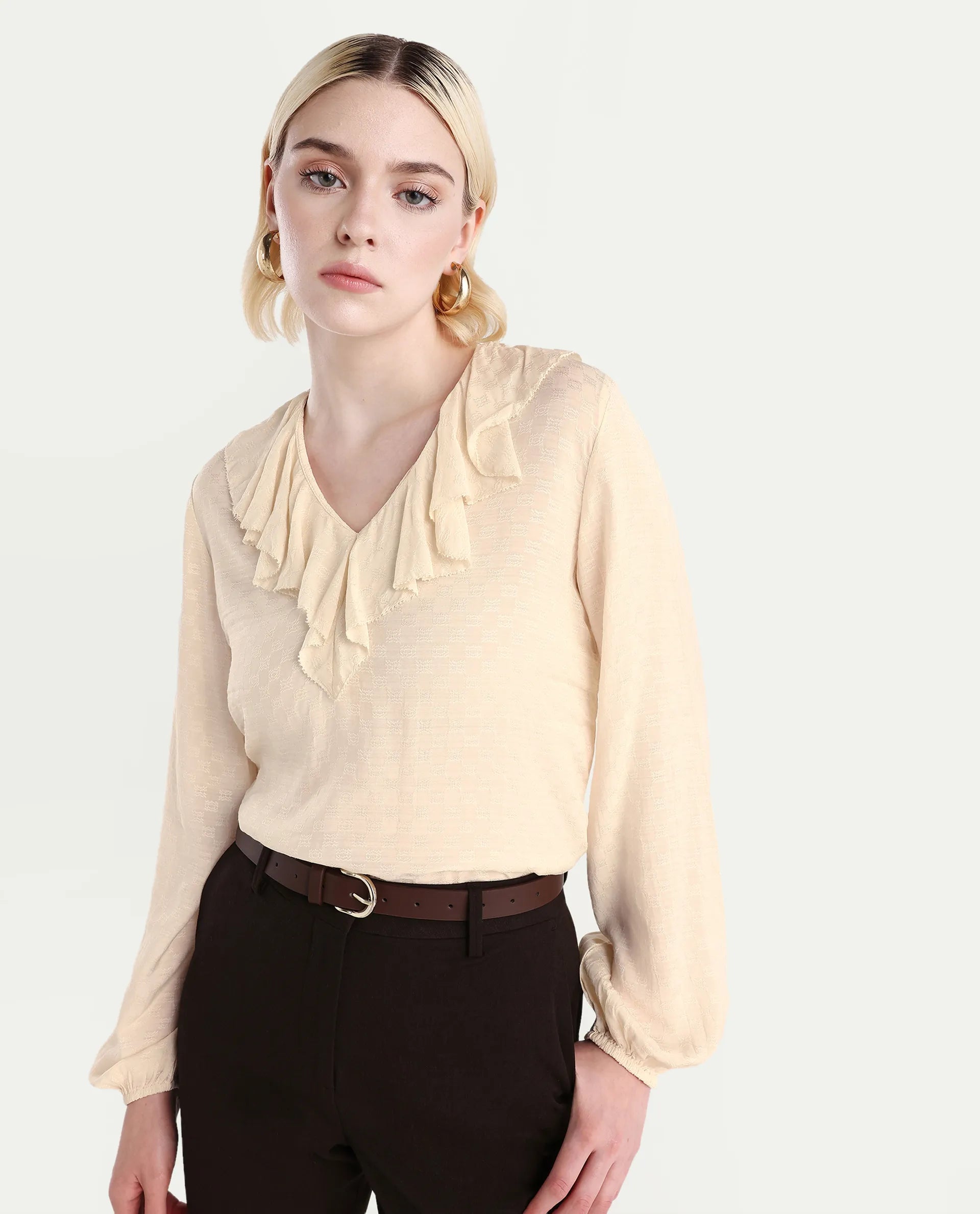 Rareism Women's Roniz Beige Cotton V-Neck Textured Bishop Sleeve Regular Fit Top