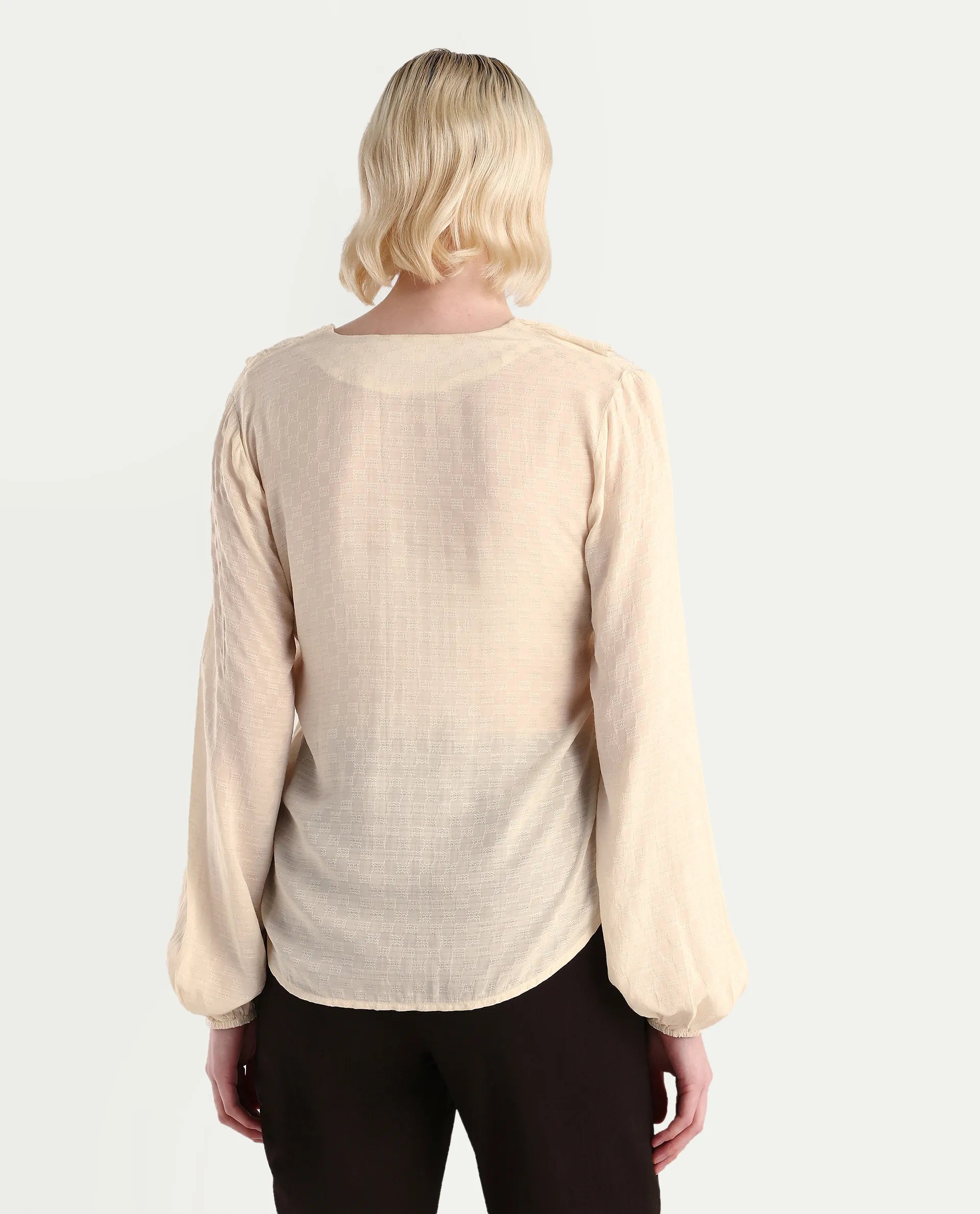 Rareism Women's Roniz Beige Cotton V-Neck Textured Bishop Sleeve Regular Fit Top