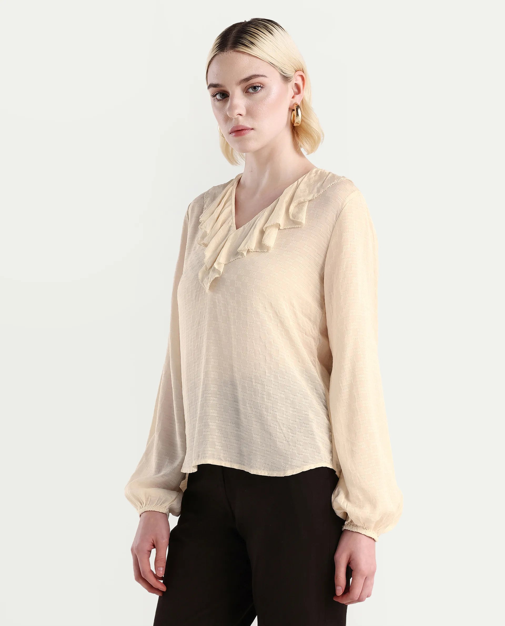 Rareism Women's Roniz Beige Cotton V-Neck Textured Bishop Sleeve Regular Fit Top