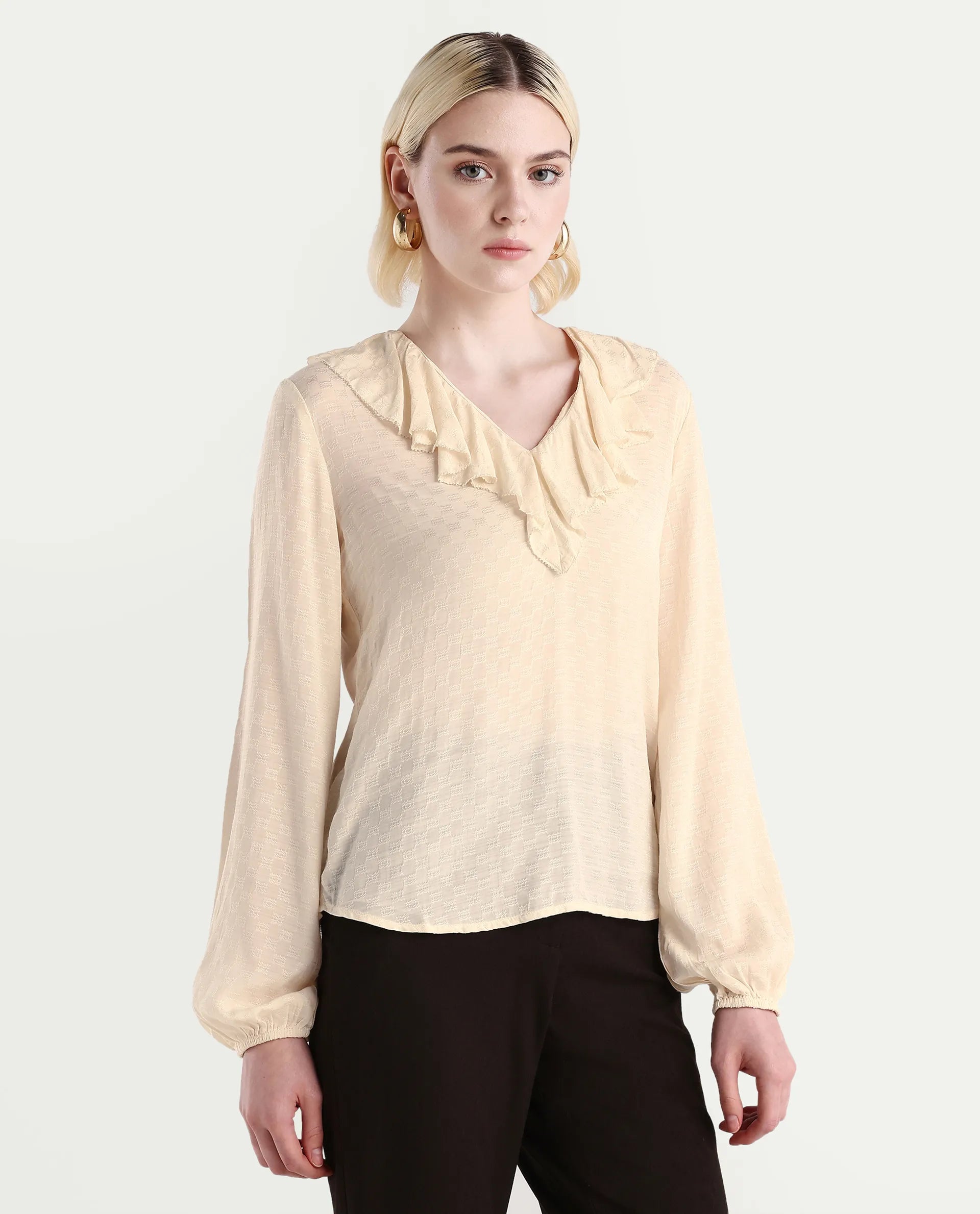 Rareism Women's Roniz Beige Cotton V-Neck Textured Bishop Sleeve Regular Fit Top