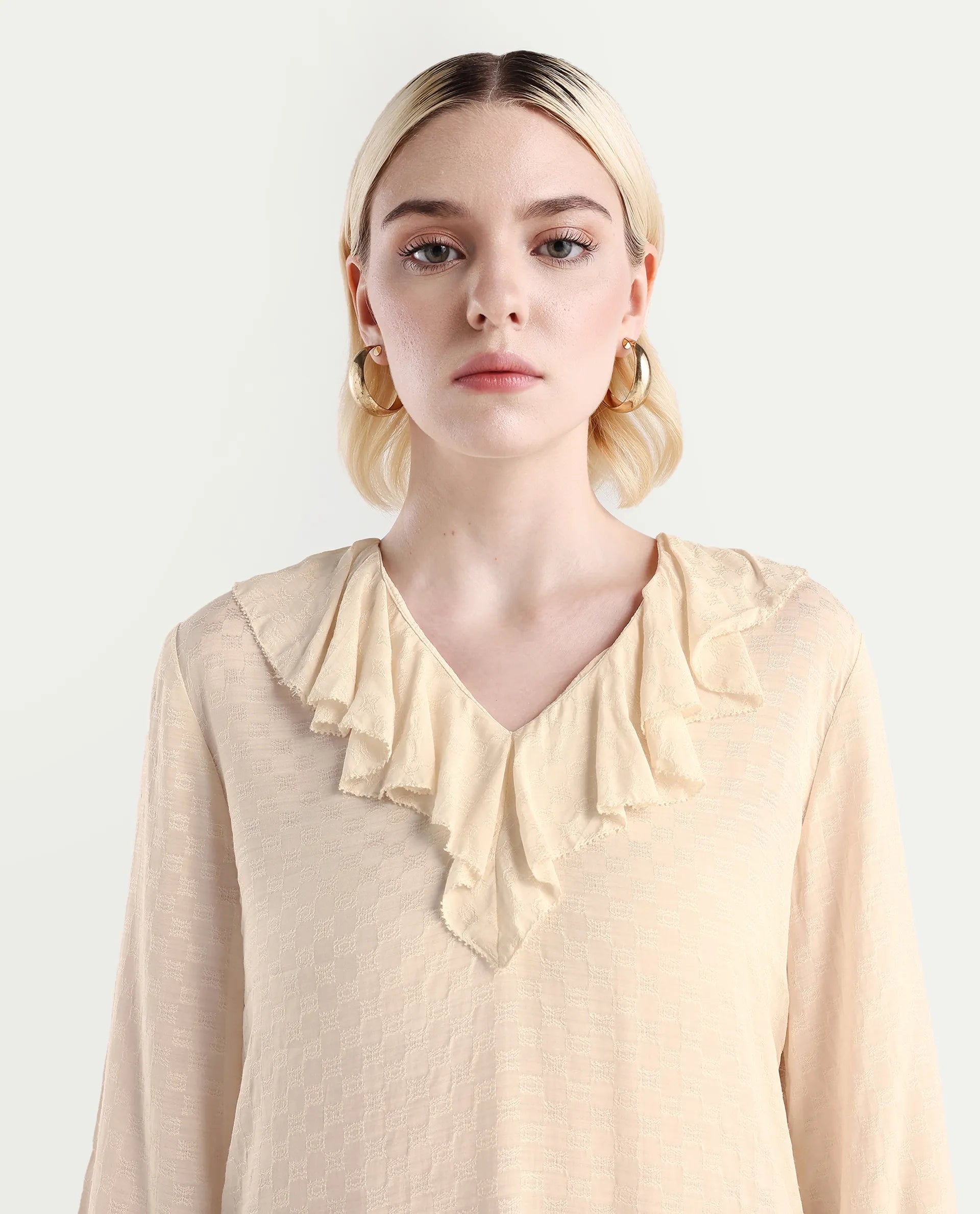 Rareism Women's Roniz Beige Cotton V-Neck Textured Bishop Sleeve Regular Fit Top