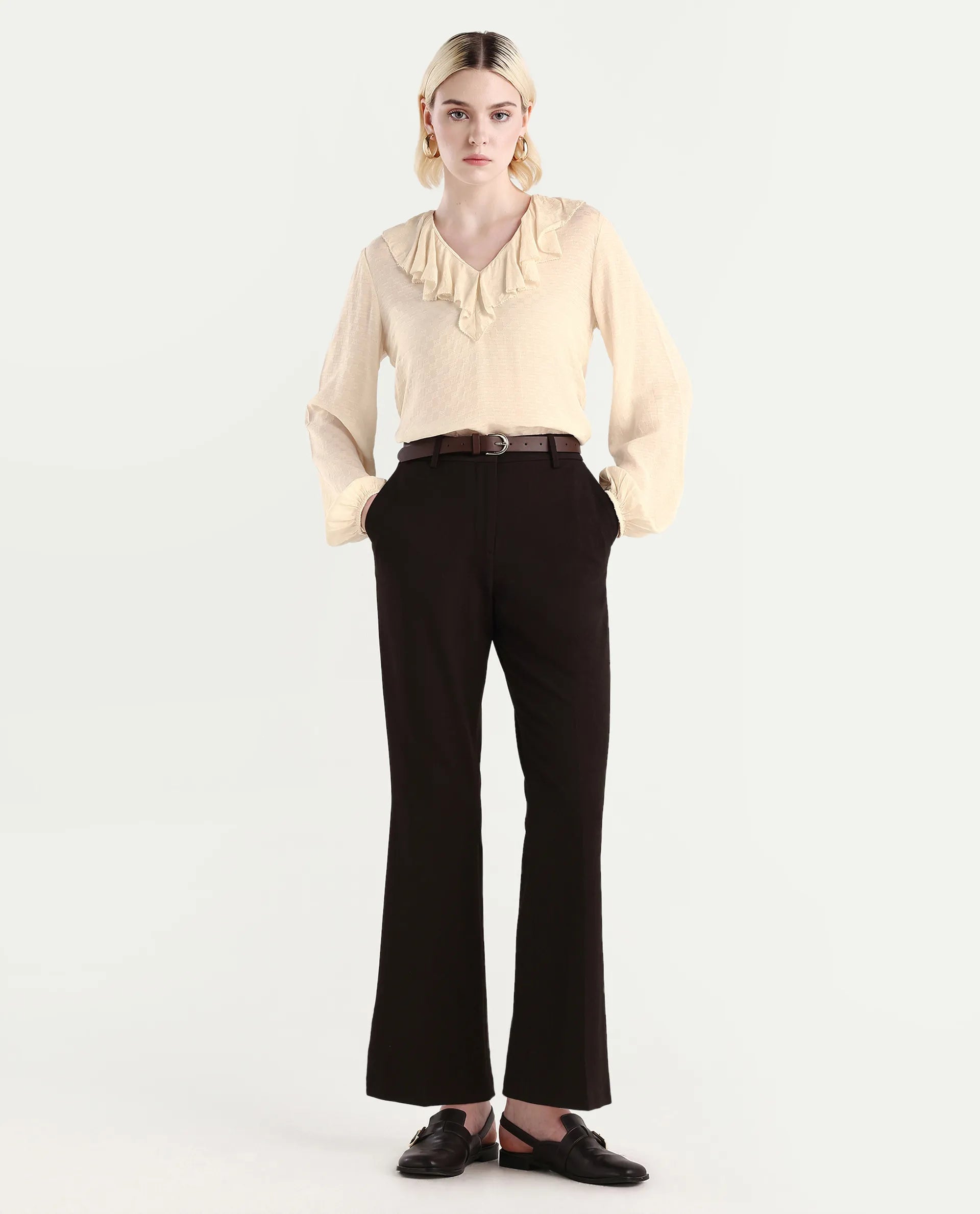 Rareism Women's Roniz Beige Cotton V-Neck Textured Bishop Sleeve Regular Fit Top