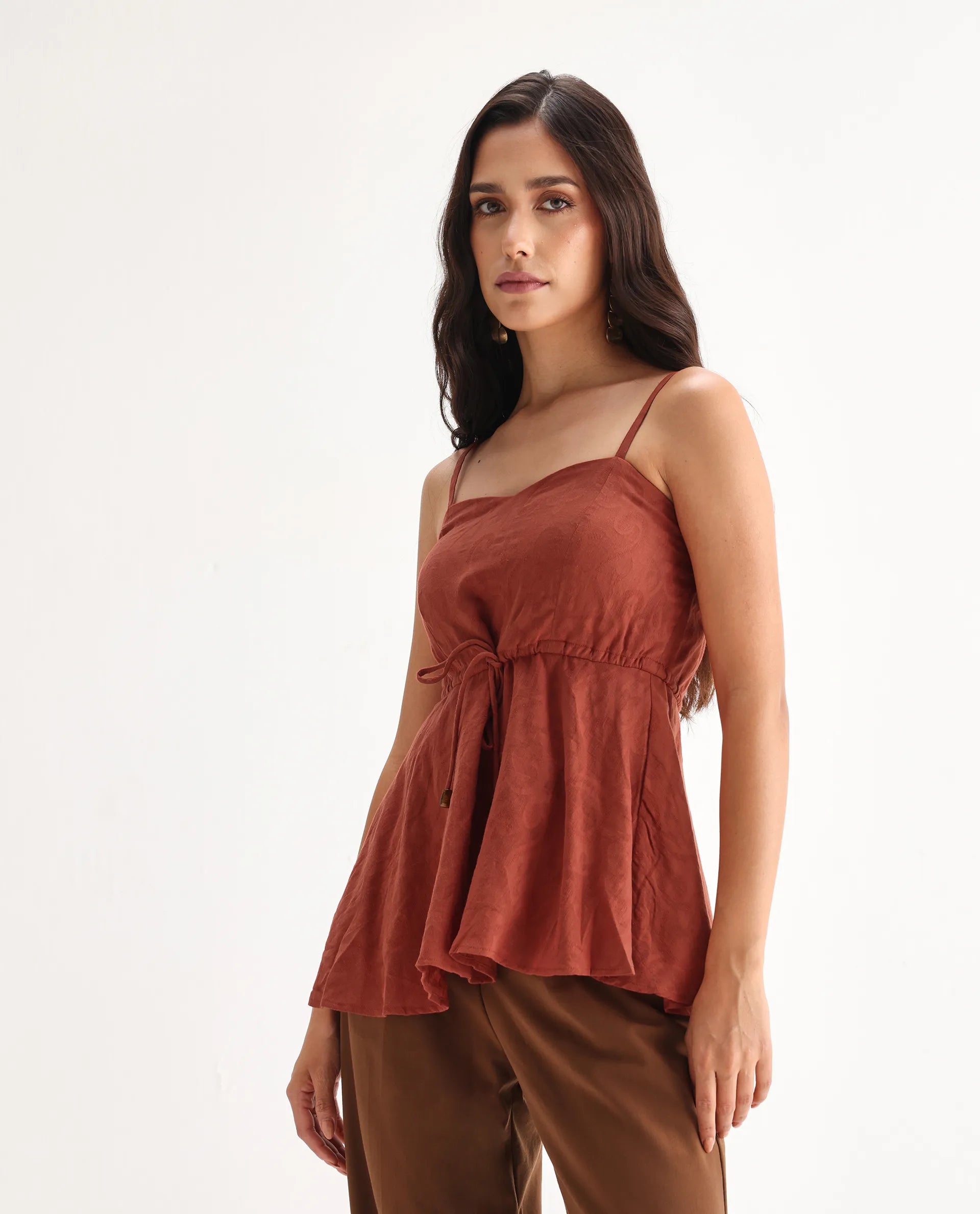 Rareism Women's Ronk Rust Cotton Sweetheart Neck Plain Sleeveless Crop Fit And Flare Top