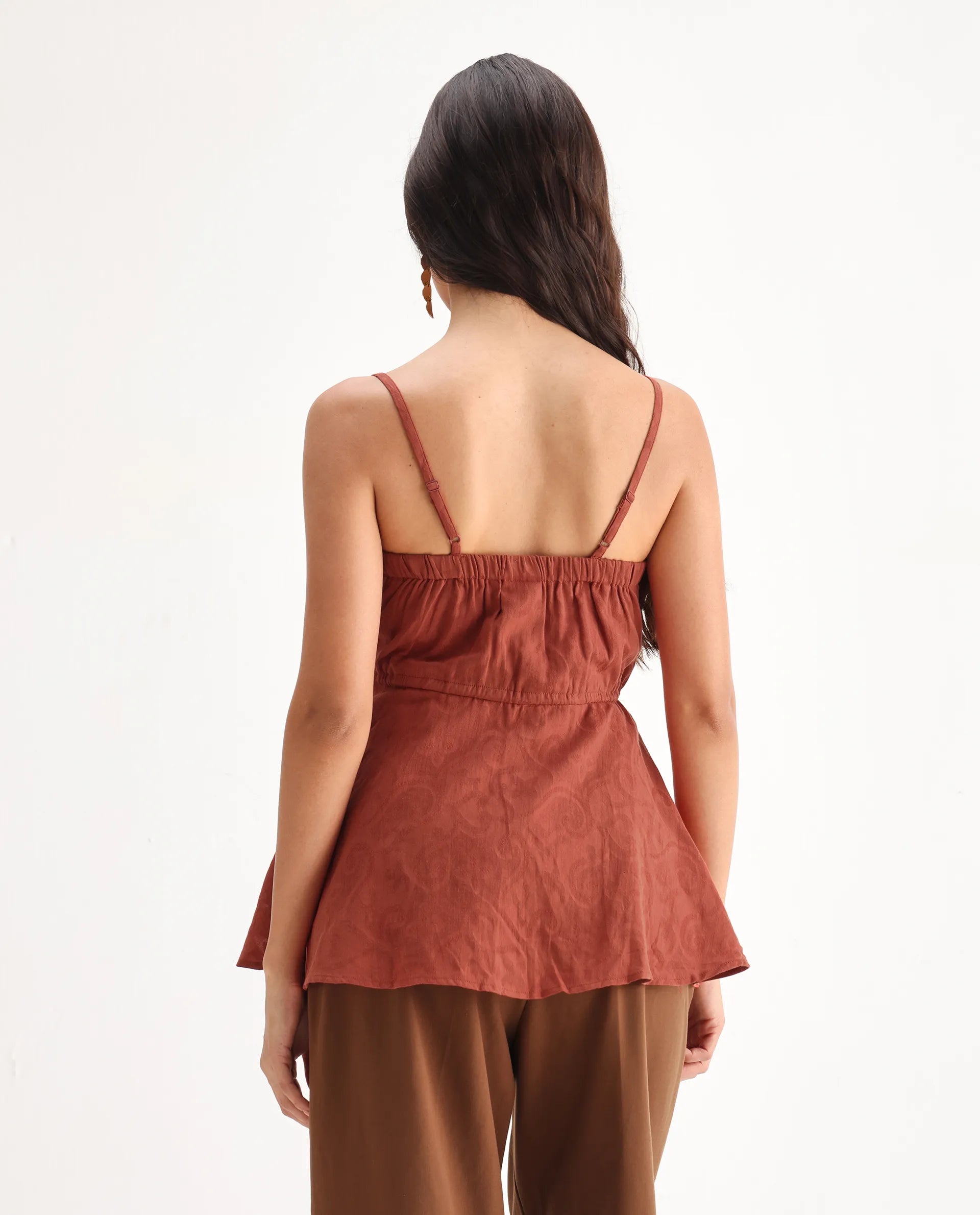 Rareism Women's Ronk Rust Cotton Sweetheart Neck Plain Sleeveless Crop Fit And Flare Top