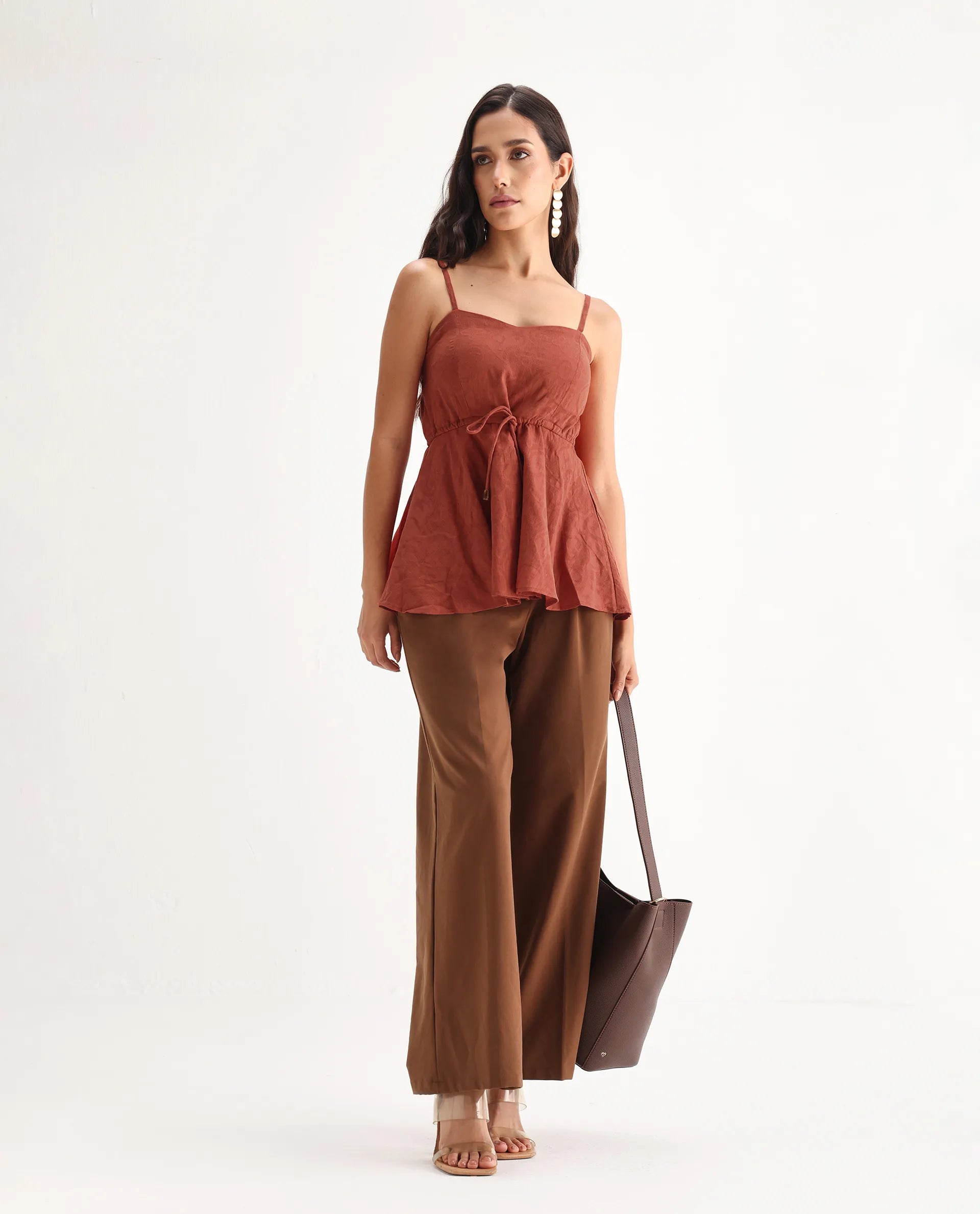 Rareism Women's Ronk Rust Cotton Sweetheart Neck Plain Sleeveless Crop Fit And Flare Top