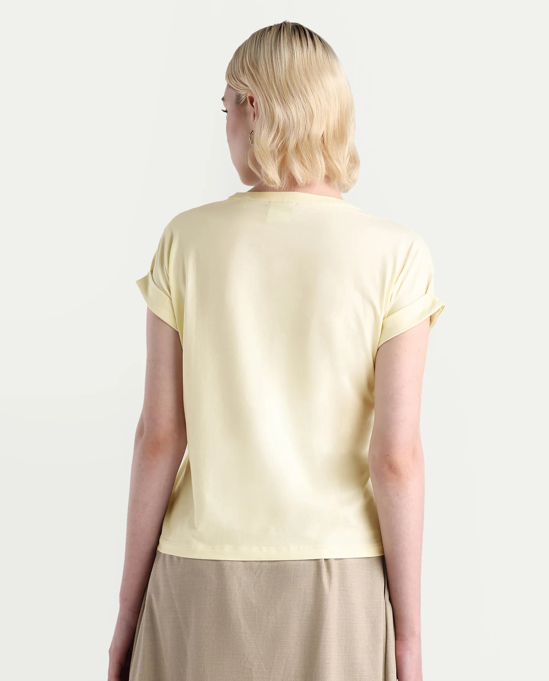 Rareism Women's Ronlac Off White Cotton Blend Round Neck Plain Extended Sleeves Regular Fit T-Shirt