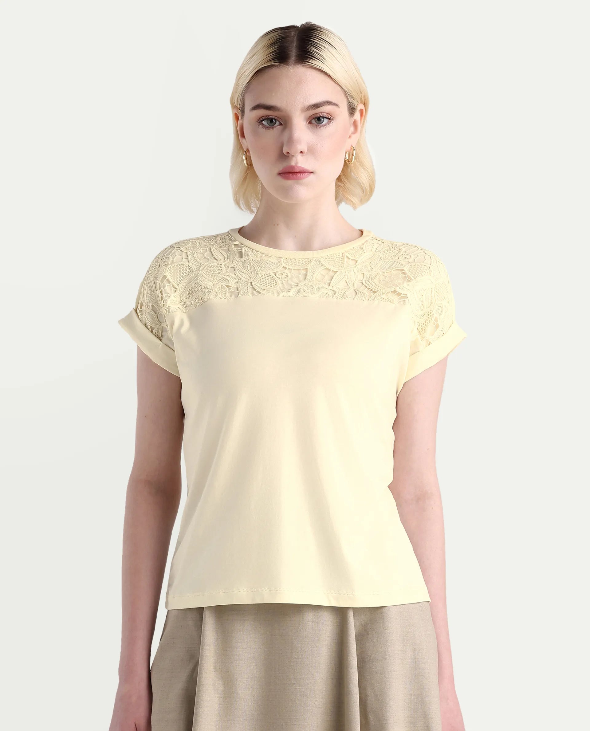 Rareism Women's Ronlac Off White Cotton Blend Round Neck Plain Extended Sleeves Regular Fit T-Shirt