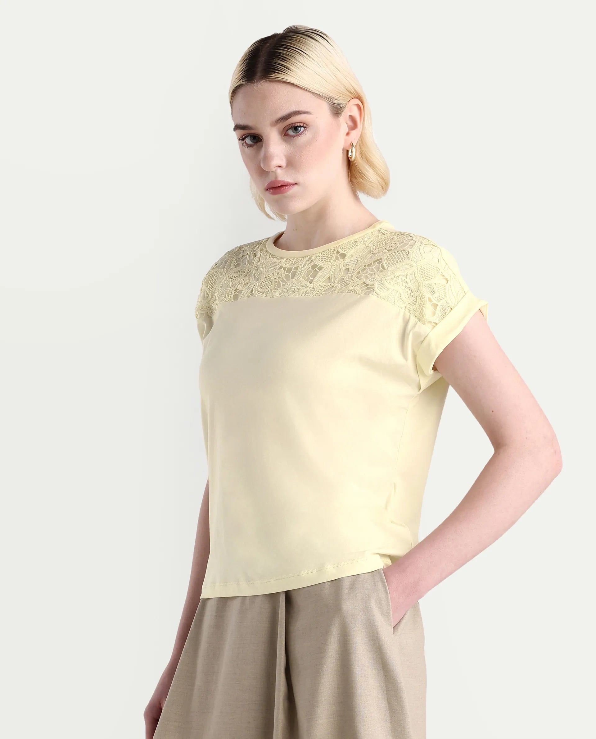 Rareism Women's Ronlac Off White Cotton Blend Round Neck Plain Extended Sleeves Regular Fit T-Shirt