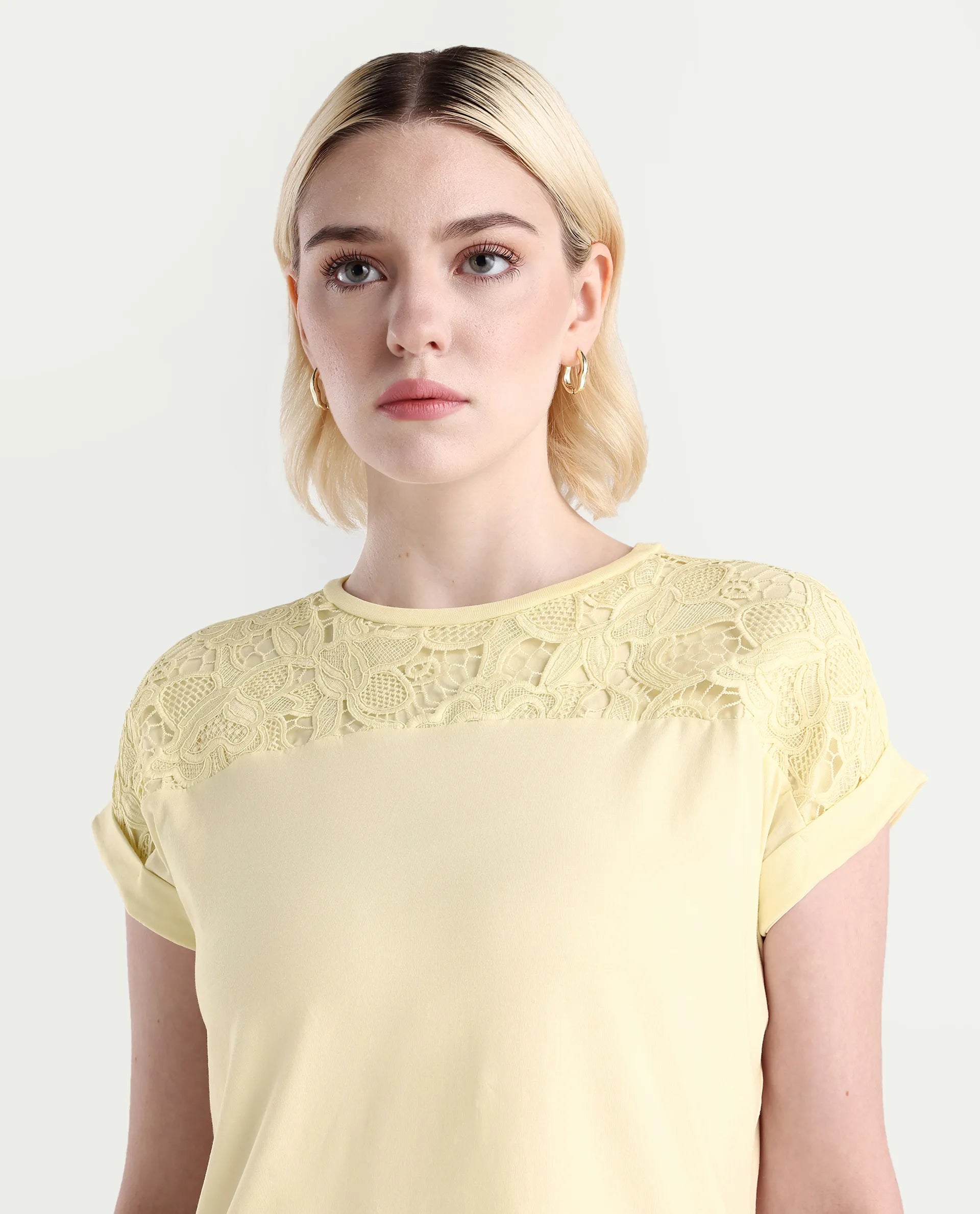 Rareism Women's Ronlac Off White Cotton Blend Round Neck Plain Extended Sleeves Regular Fit T-Shirt