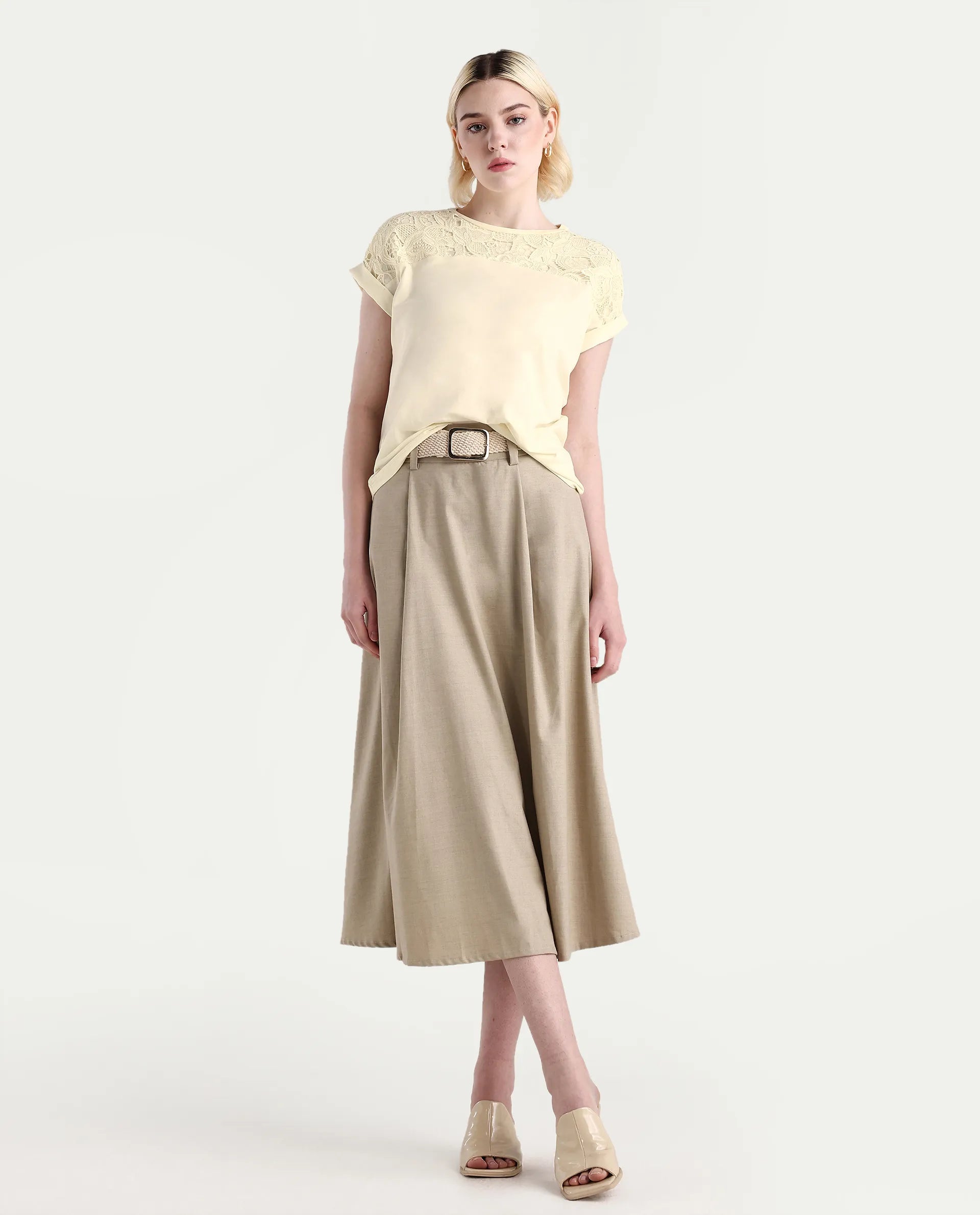 Rareism Women's Ronlac Off White Cotton Blend Round Neck Plain Extended Sleeves Regular Fit T-Shirt