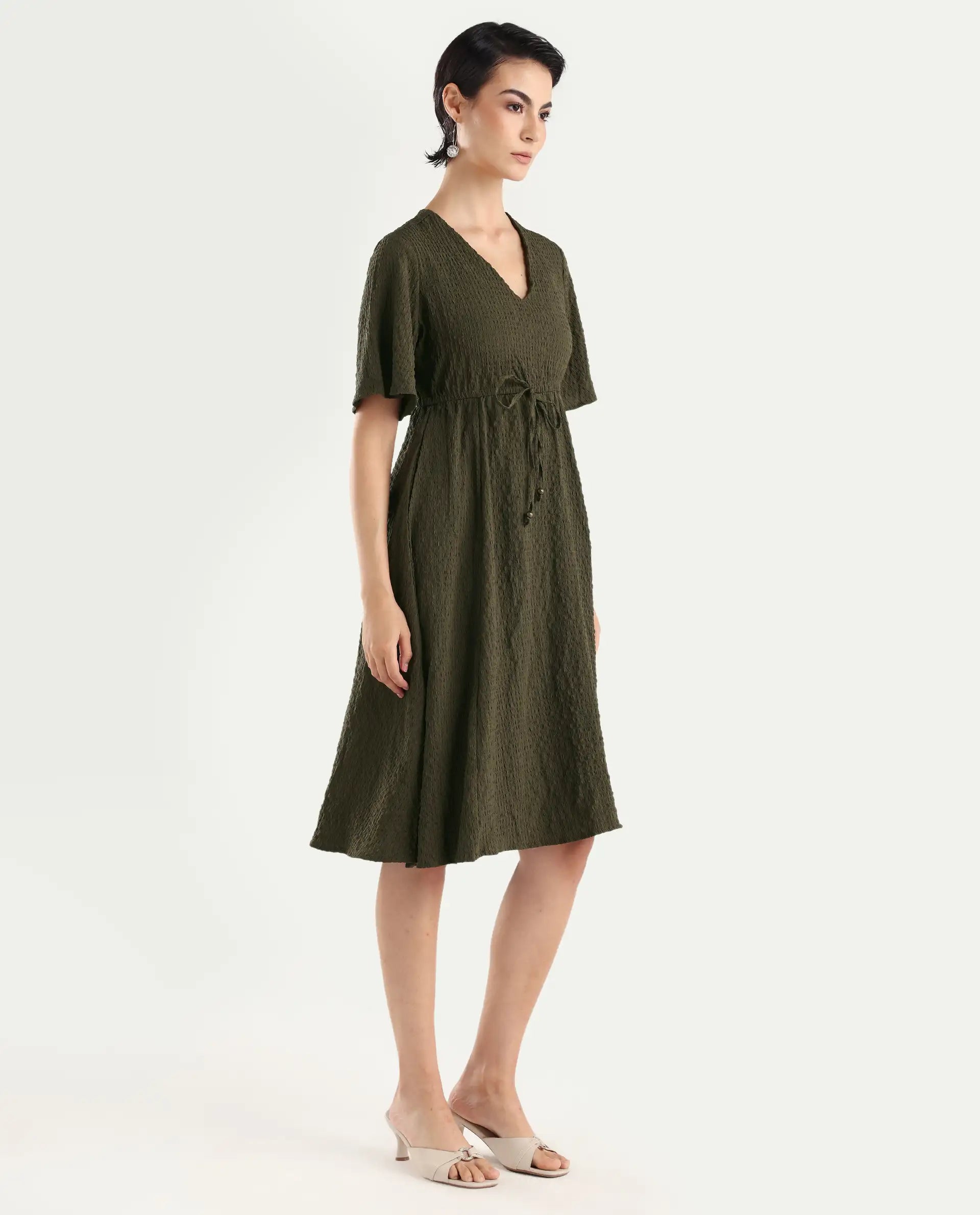 Rareism Women's Ronmien Olive Polyester V-Neck Plain Bell Sleeve Midi A-Line Dress