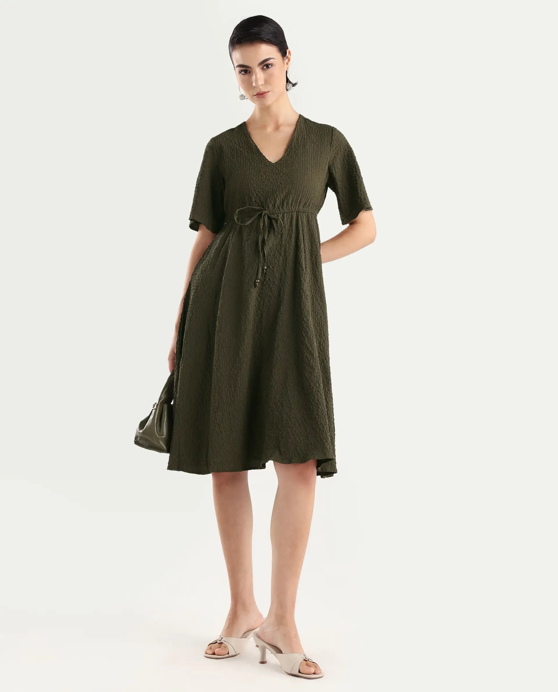 Rareism Women's Ronmien Olive Polyester V-Neck Plain Bell Sleeve Midi A-Line Dress