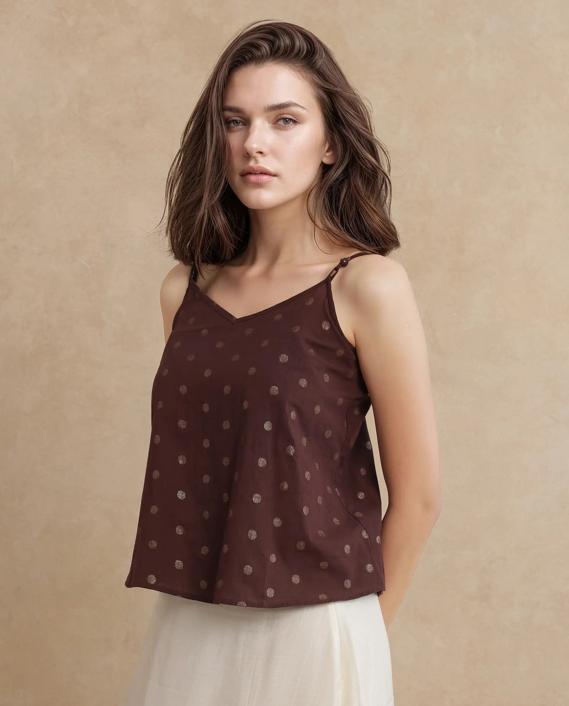 Rareism Women Ronn Dusky Brown Cotton Blend Fabric V-Neck Relaxed Fit Plain Top