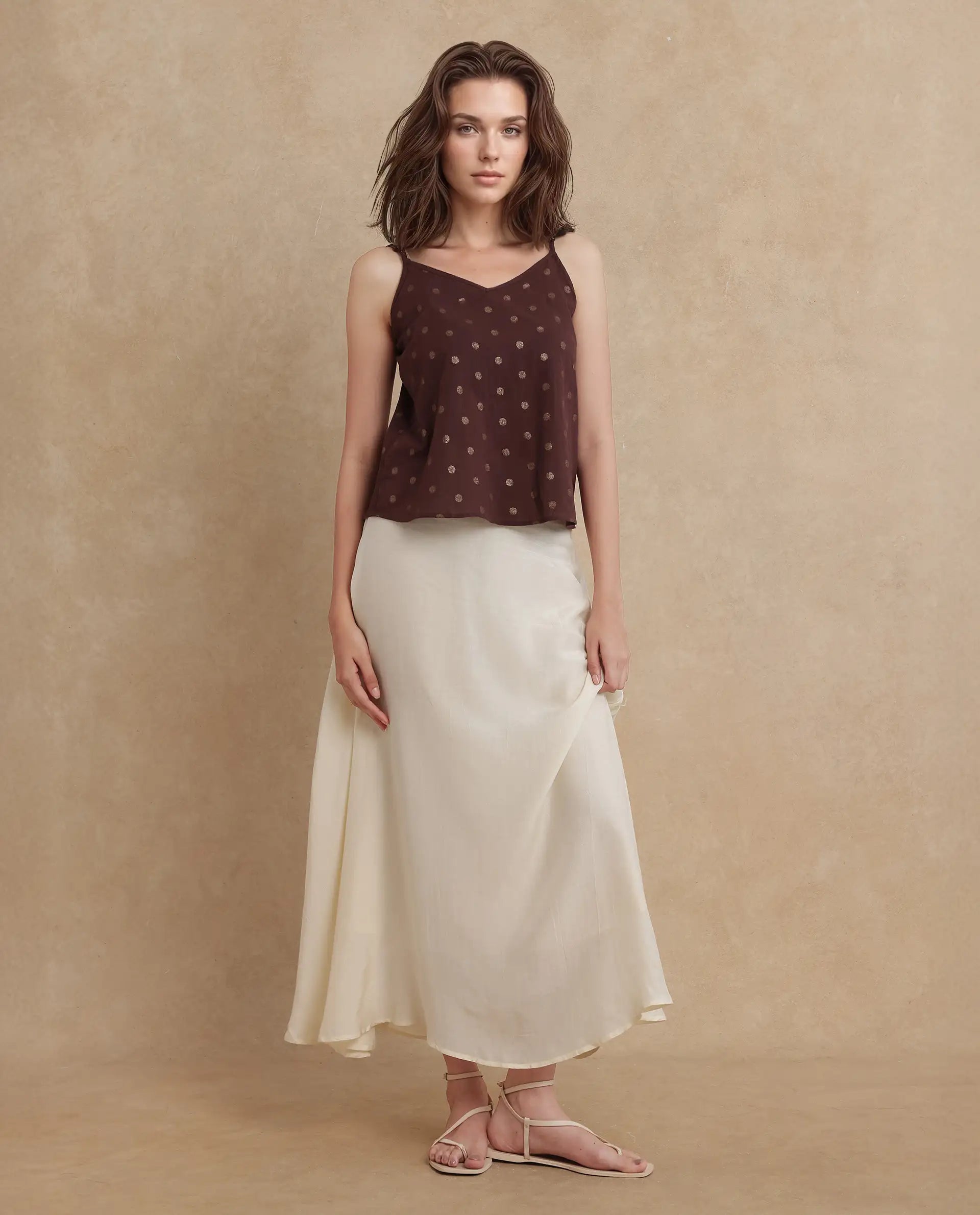 Rareism Women Ronn Dusky Brown Cotton Blend Fabric V-Neck Relaxed Fit Plain Top