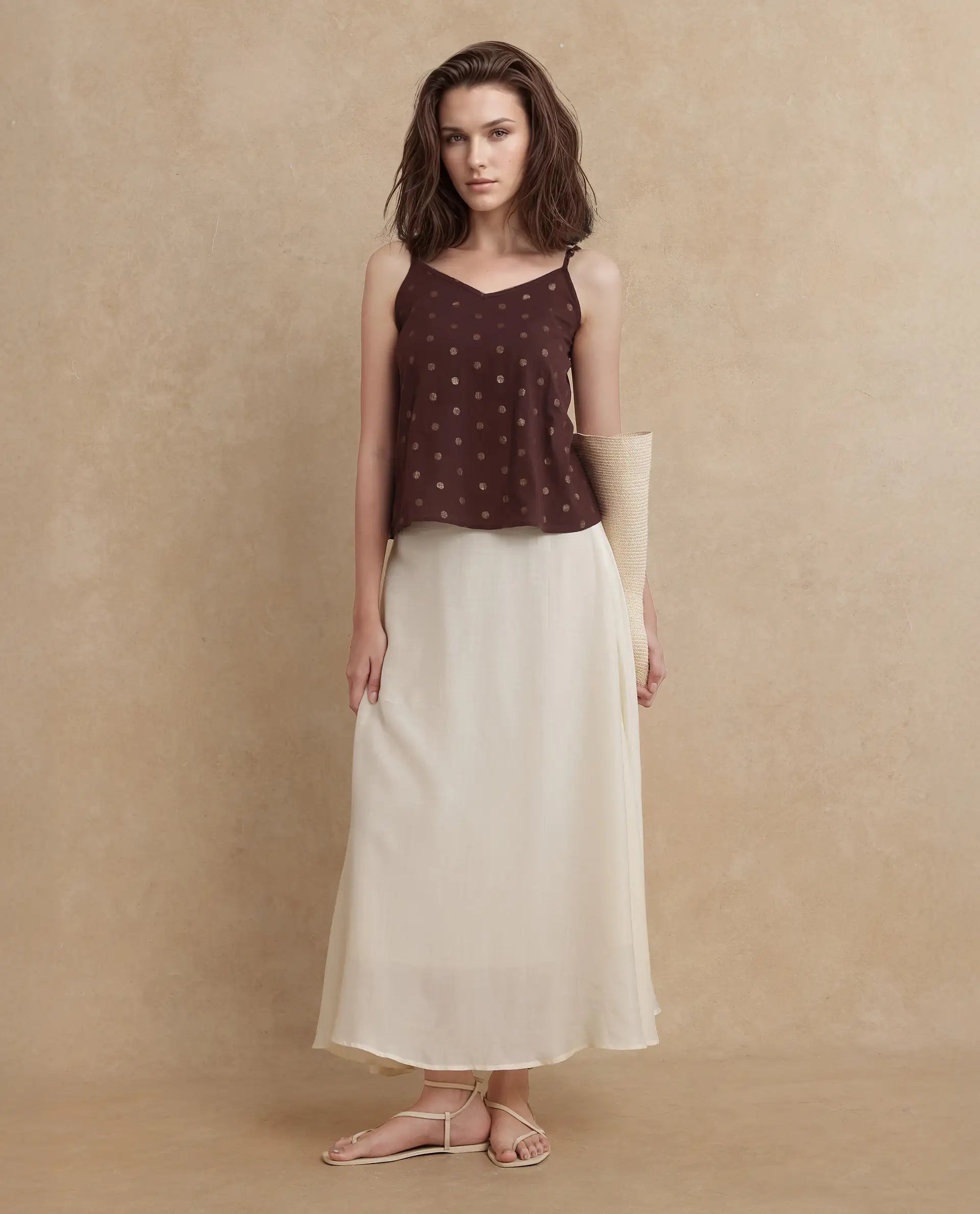 Rareism Women Ronn Dusky Brown Cotton Blend Fabric V-Neck Relaxed Fit Plain Top