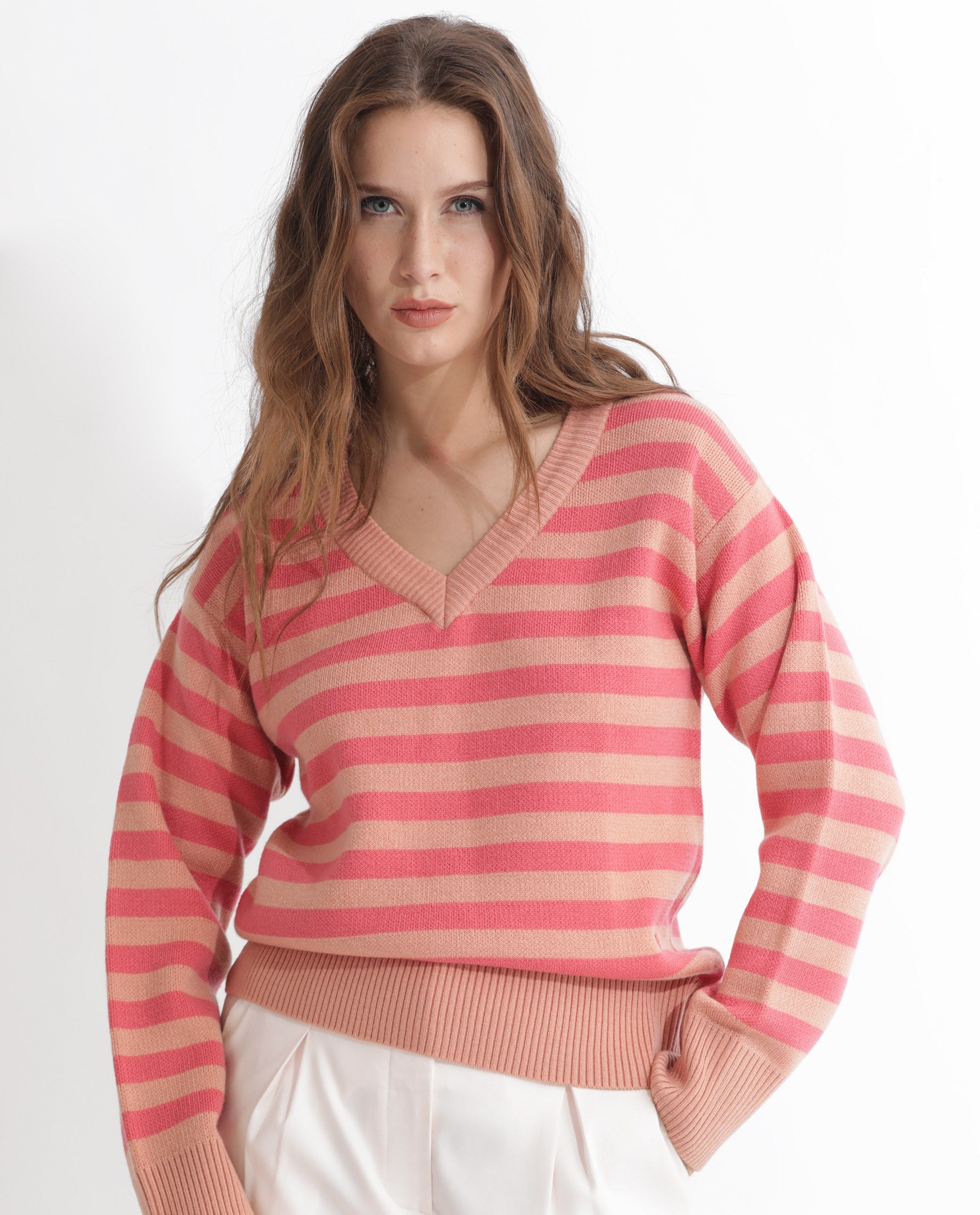 Rareism Women Ronnie Dark Pink Acrylic Fabric Full Sleeves V-Neck Relaxed Fit Striped Sweater