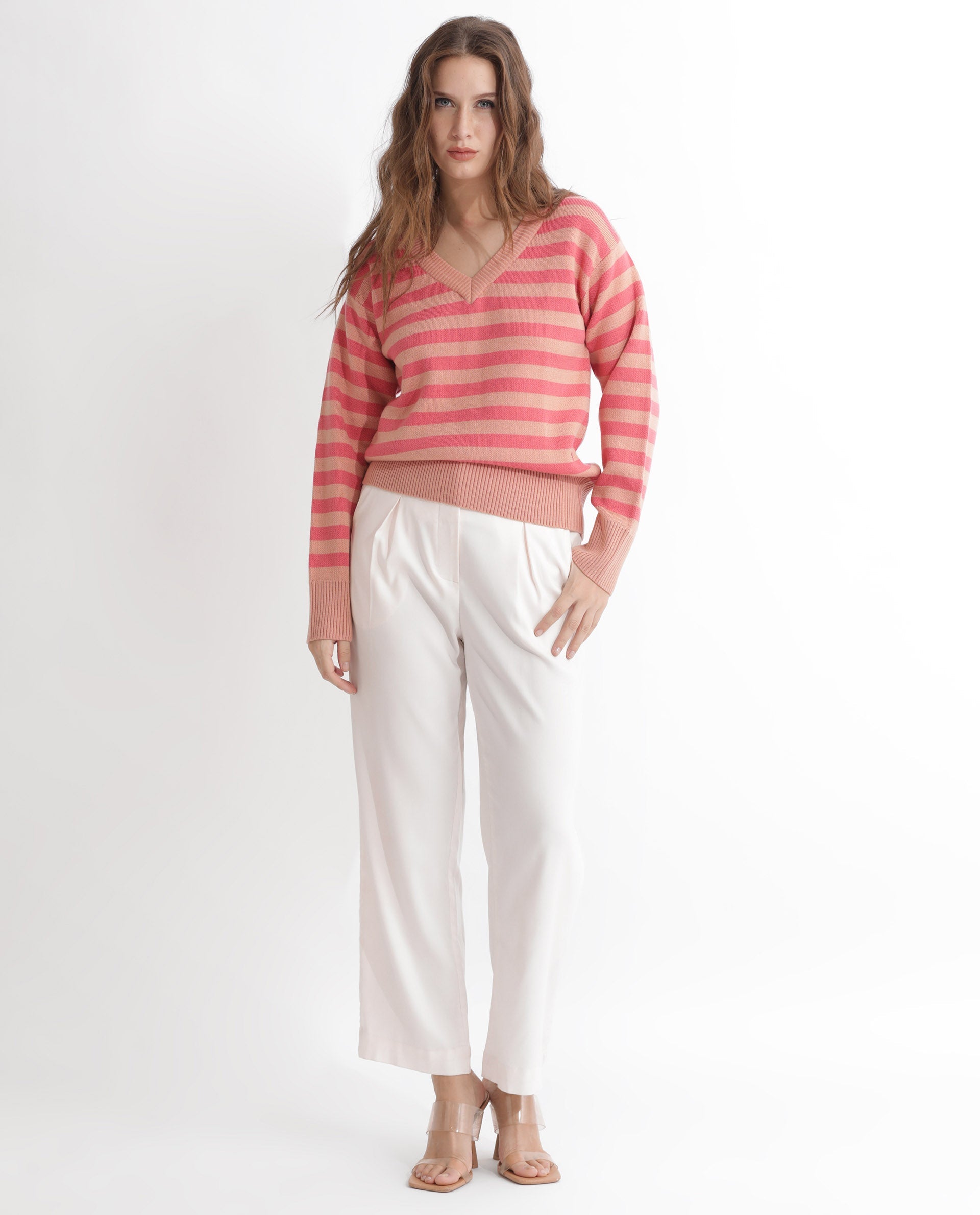 Rareism Women's Ronnie Dark Pink Acrylic V-Neck Striped Relaxed Fit Sweater