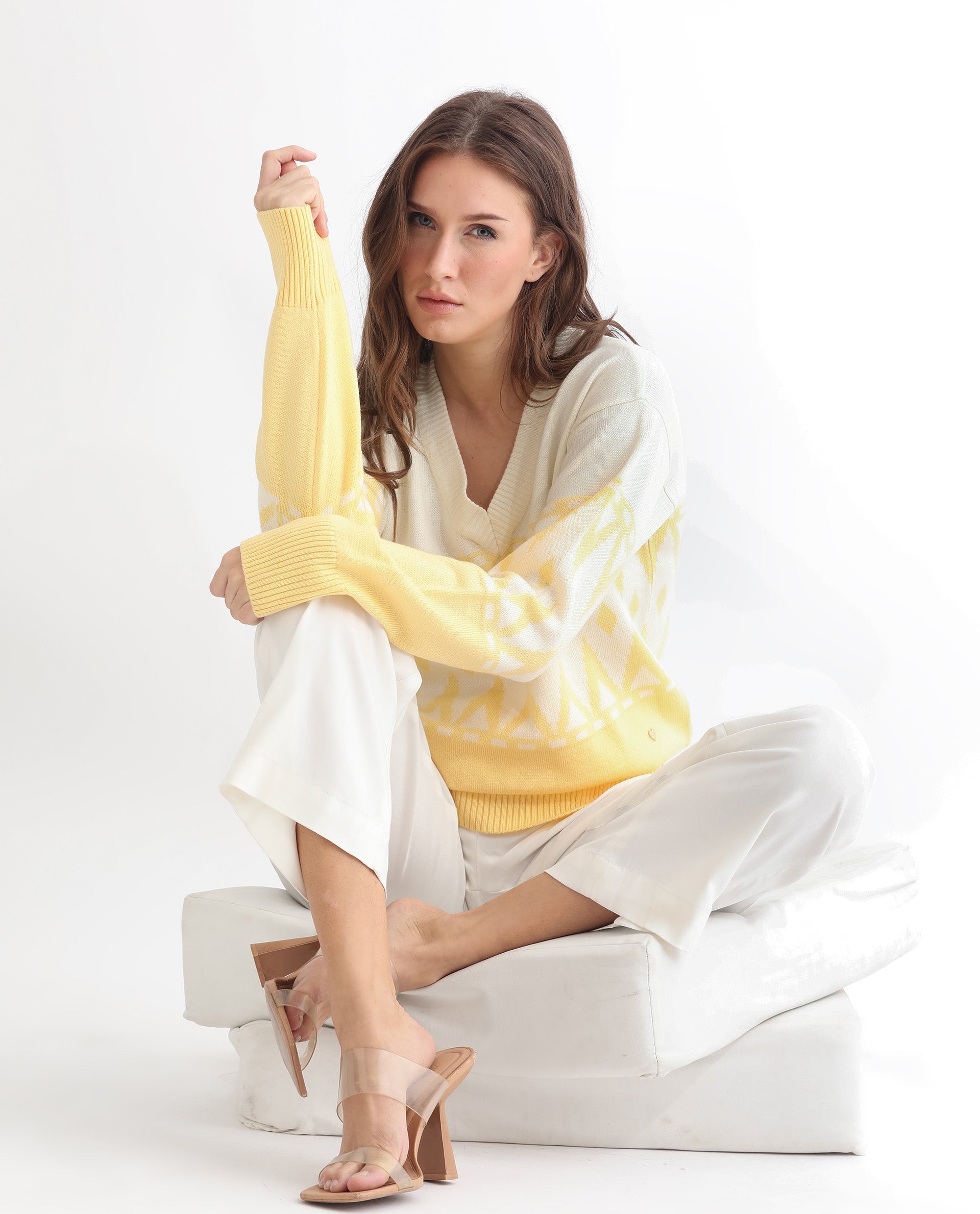 Rareism Women Ronnie Yellow Acrylic Fabric Full Sleeves Relaxed Fit Color Blocked V-Neck Sweater