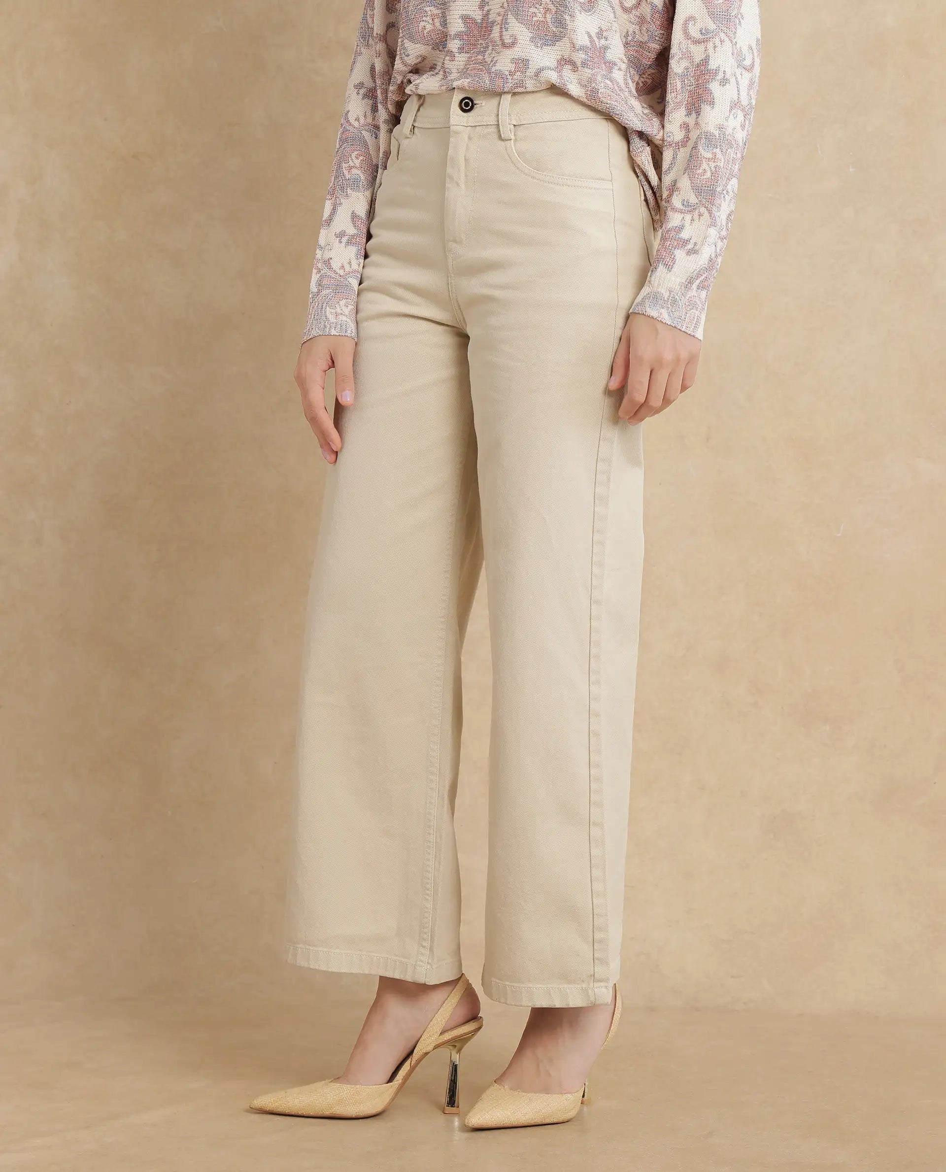 Rareism Women Ronob Beige Cotton Blend Fabric Wide Fit Plain Trouser