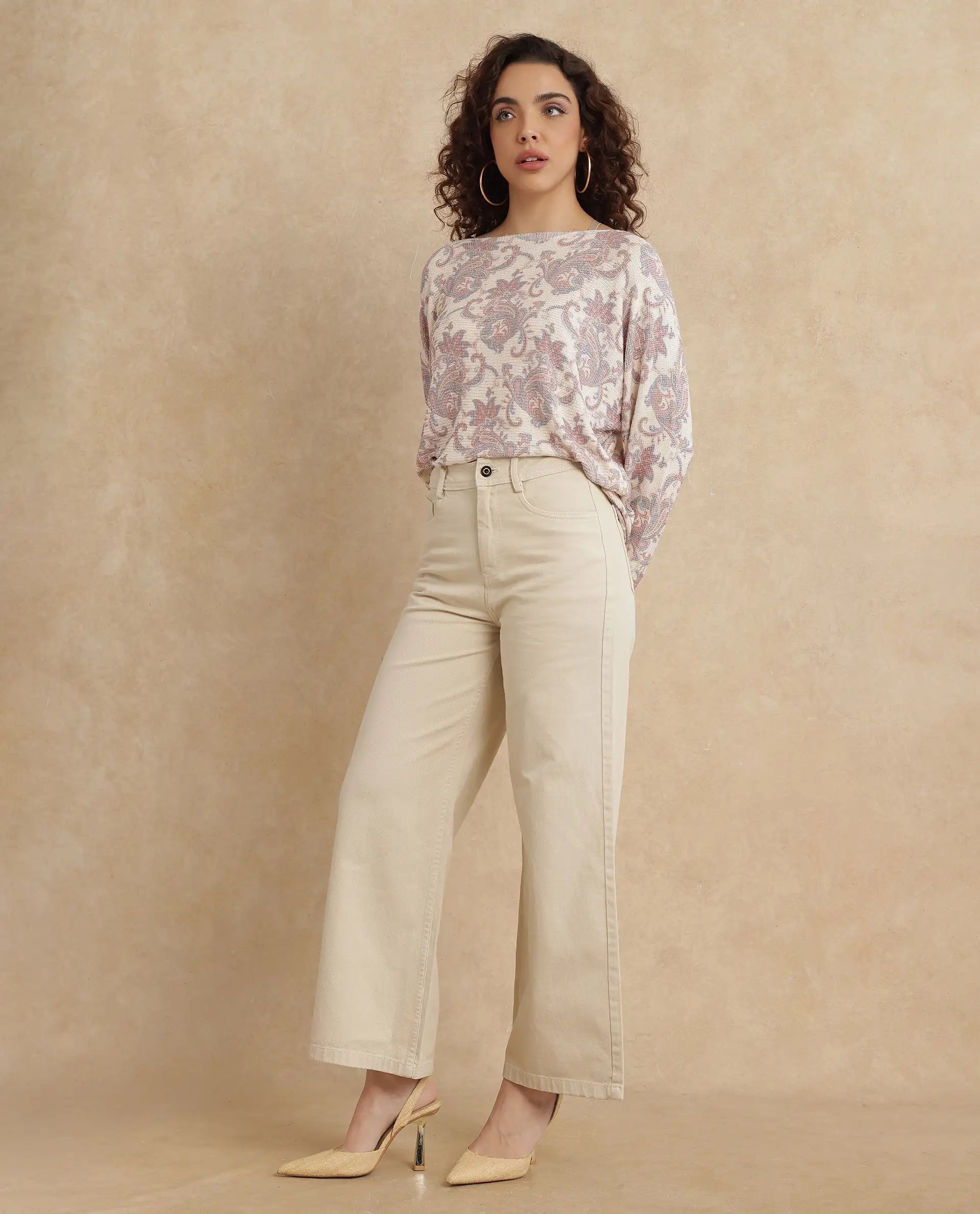 Rareism Women Ronob Beige Cotton Blend Fabric Wide Fit Plain Trouser