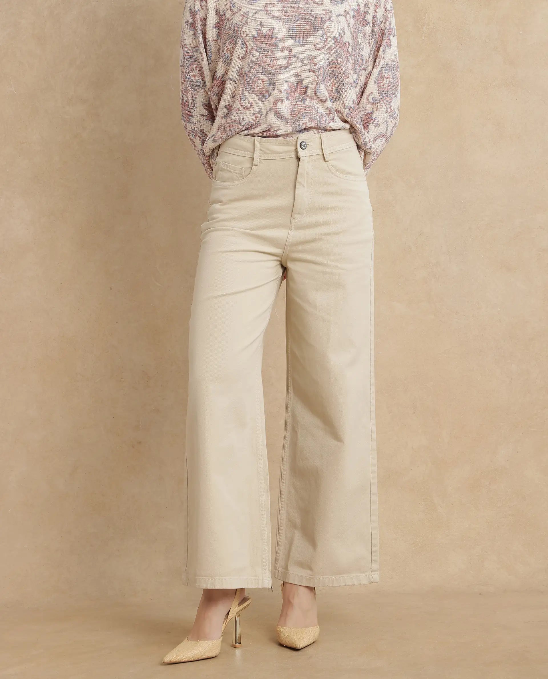 Rareism Women Ronob Beige Cotton Blend Fabric Wide Fit Plain Trouser