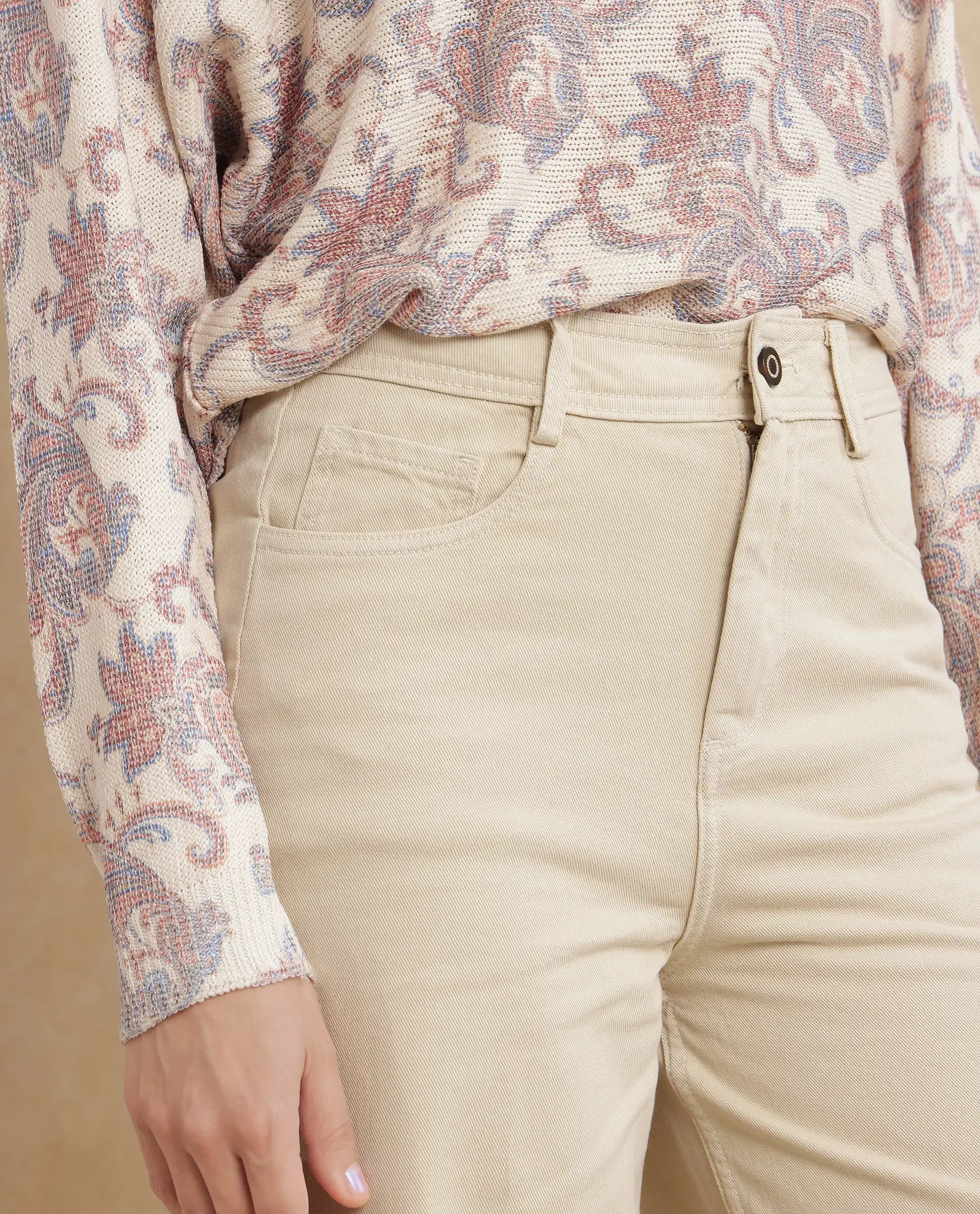 Rareism Women Ronob Beige Cotton Blend Fabric Wide Fit Plain Trouser