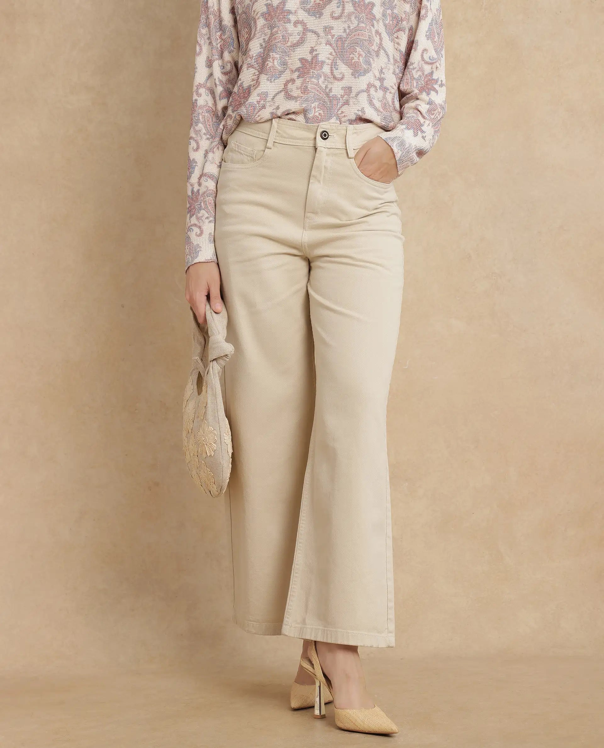 Rareism Women Ronob Beige Cotton Blend Fabric Wide Fit Plain Trouser