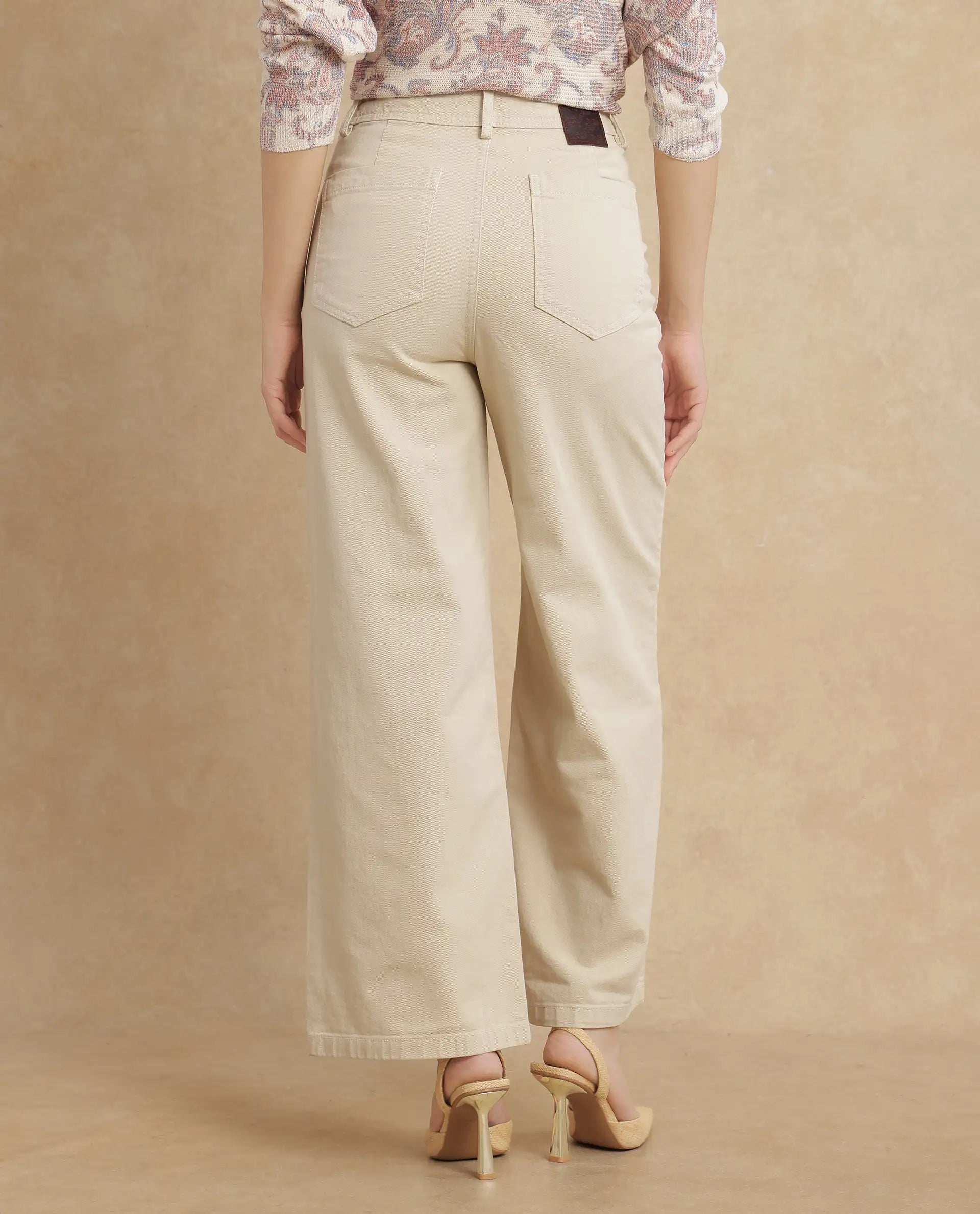 Rareism Women Ronob Beige Cotton Blend Fabric Wide Fit Plain Trouser