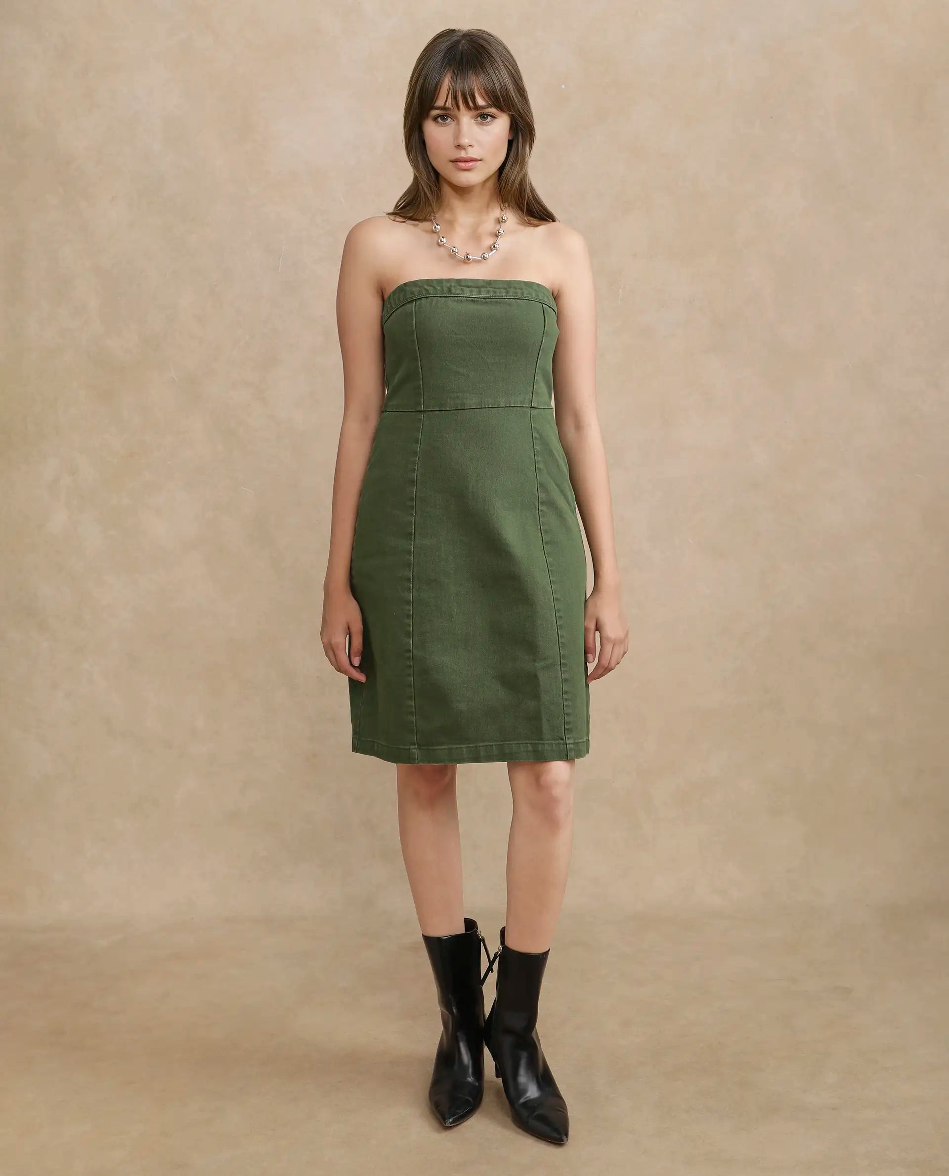 Rareism Women's Ronobia Olive Cotton Blend Tube Neck Plain Sleeveless Knee Length Bodycon Dress