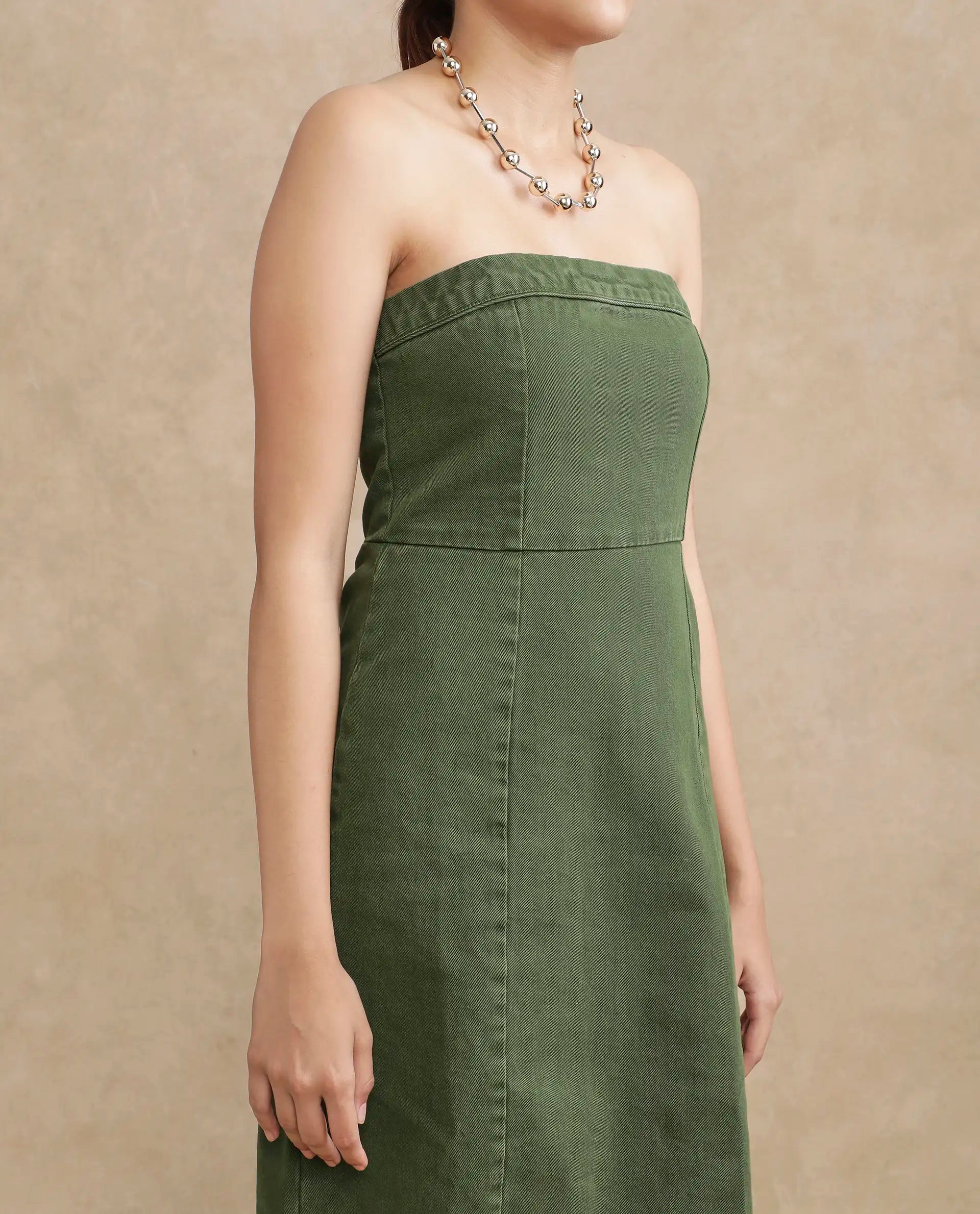 Rareism Women's Ronobia Olive Cotton Blend Tube Neck Plain Sleeveless Knee Length Bodycon Dress