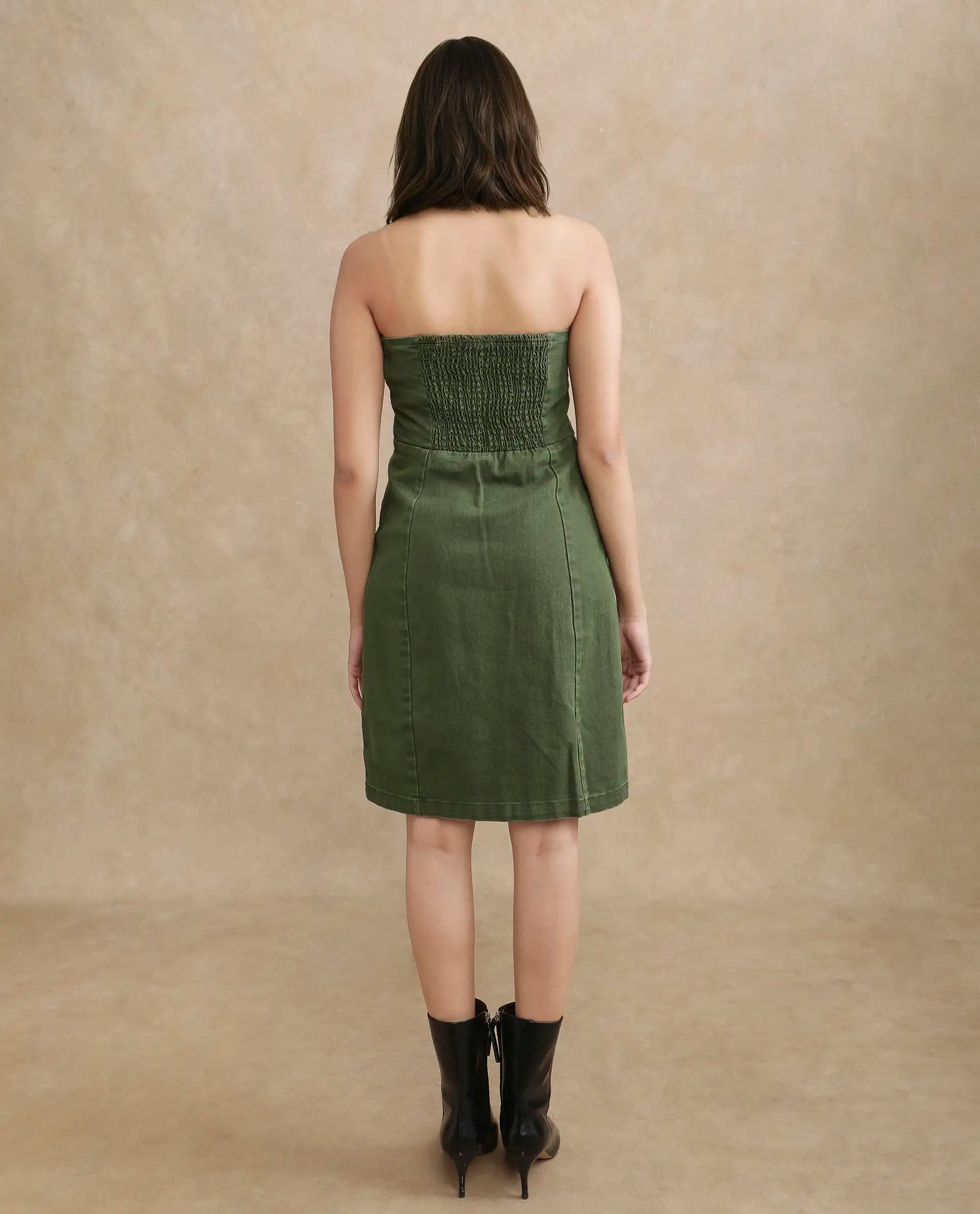 Rareism Women's Ronobia Olive Cotton Blend Tube Neck Plain Sleeveless Knee Length Bodycon Dress